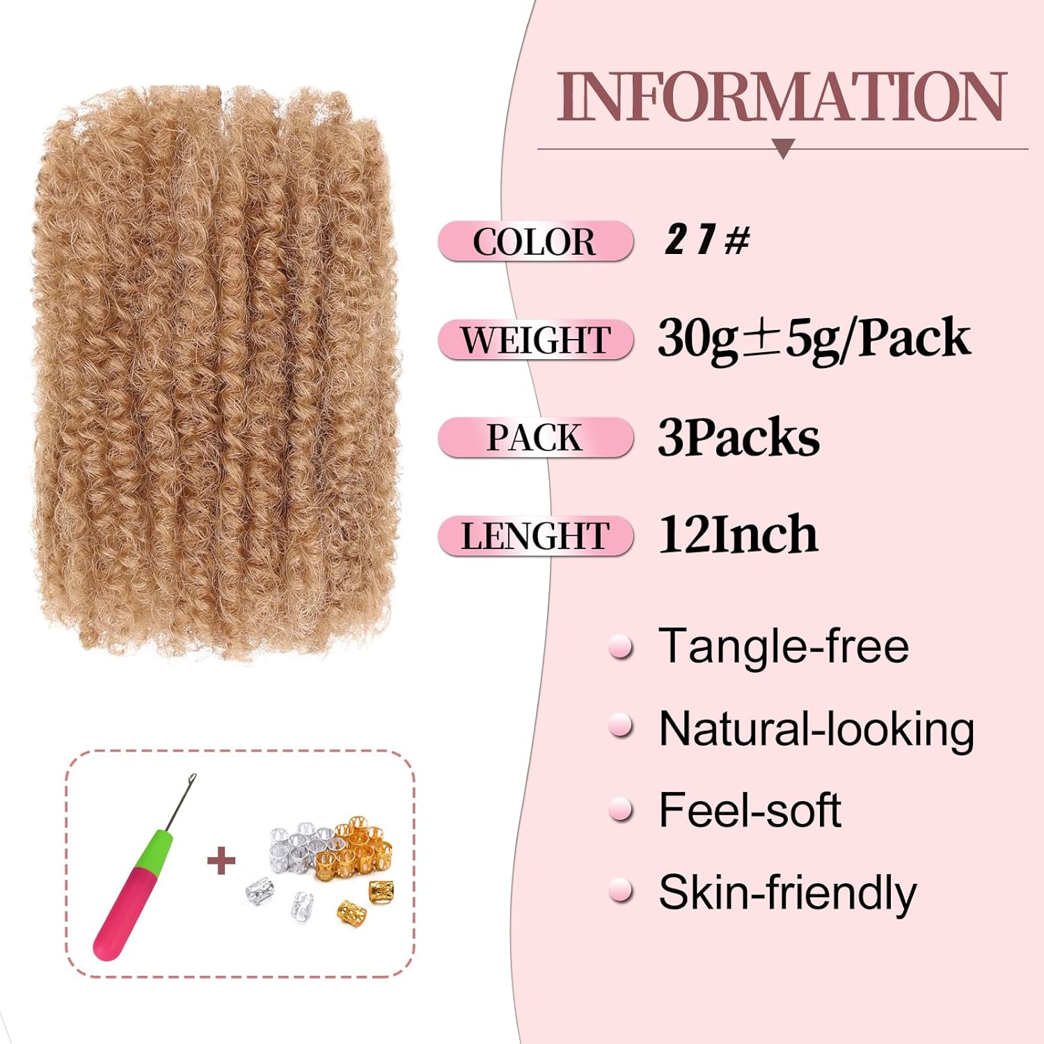 SHIHERESH 12 Inch Afro Kinky Curly Braiding Hair Bulk for Dreadlock Extensions 3 Bundles Marley Twist Hair Bulk for Micro Locs Spring Afro Twist Braids and Repair Locs (27#, 30 G/Pack) image number 2