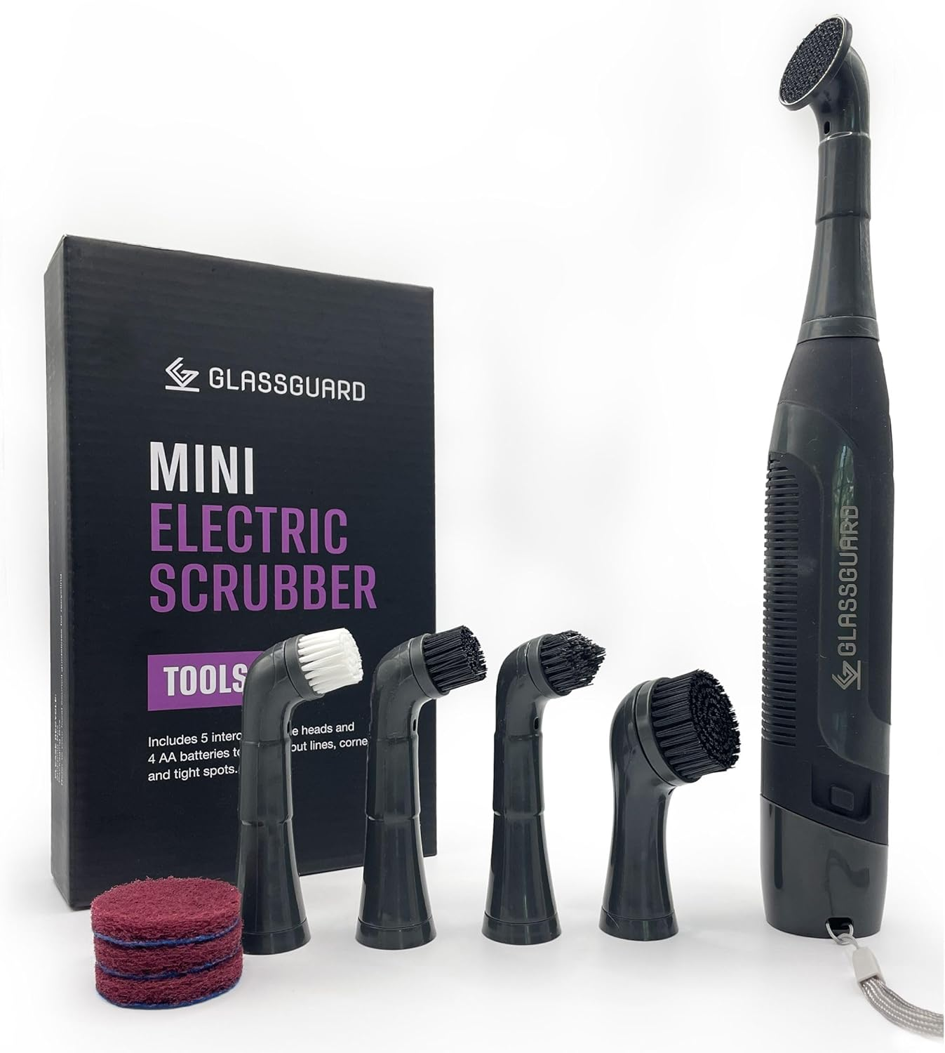 GLASSGUARD Mini Electric Scrubber - Battery Powered Cleaning Brush with 5 Interchangeable Heads & Batteries Included &ndash; Grout Cleaner Brush for Tiles, Bathroom, Kitchen & Corners image number 1