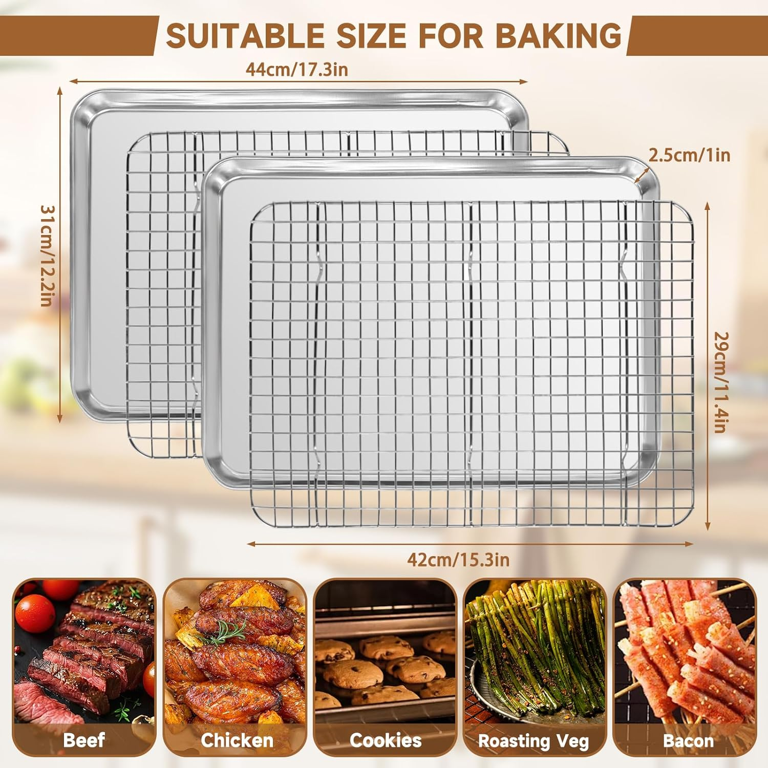 SAILESI Baking Sheet with Rack Set [2 Baking Pans + 2 Cooling Racks], Stainless Steel Cookie Sheet with Wire Rack, Baking Sheet Oven Tray Nonstick Baking Pan with Grid Rack, 44 X 31 X 2.5Cm