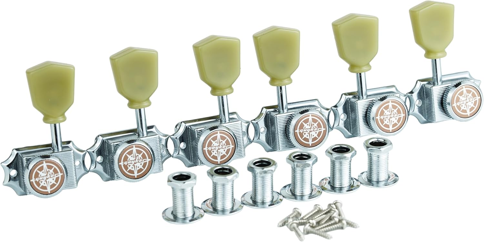 Guyker 6Pcs Guitar Locking String Tuning Pegs (3R + 3L) &ndash; 1:15 Vintage Deluxe Style Tuners Key Machine Heads Set with Keystone Knob Replacement for Les Paul Style Electric or Acoustic Guitar - Chrome image number 3