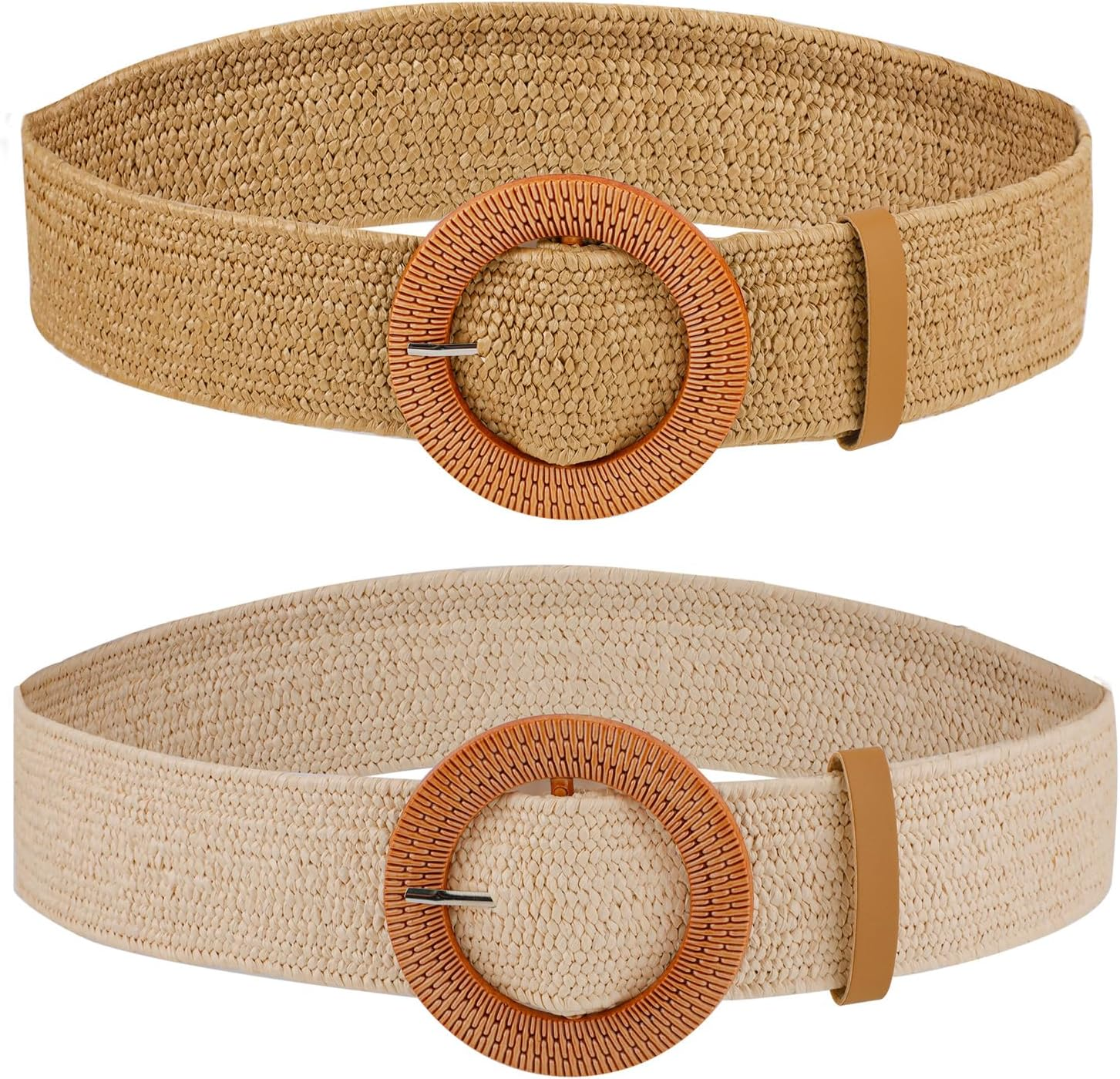 2Pcs Braided Waist Belts for Women, Straw Woven Elastic Belt Summer Dress Belts Boho Wide Stretch Braided Belt with Round image number 3