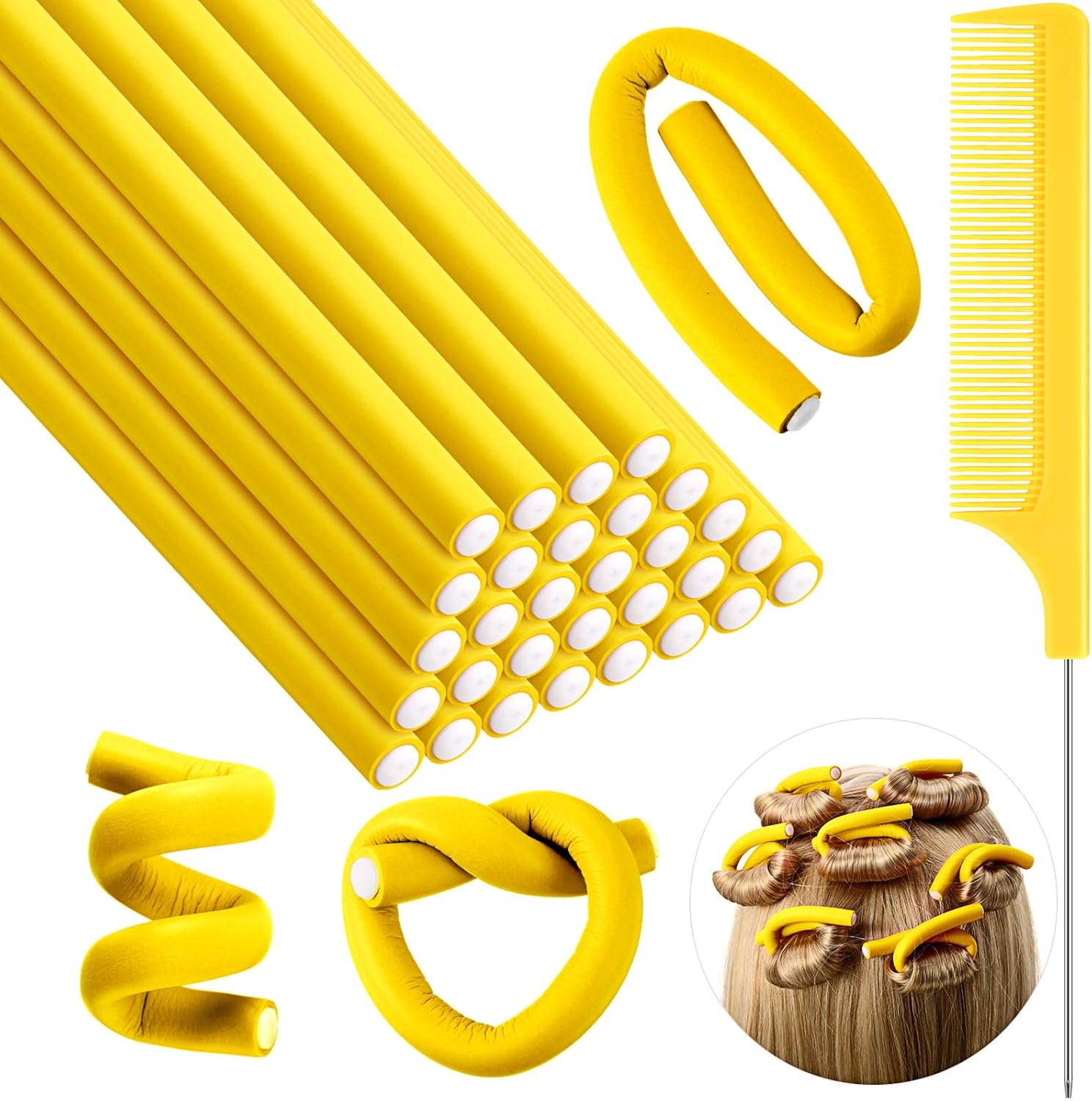 Syhood 30 Pieces Flexible Curling Rods Twist Foam Hair Rollers Soft Foam No Heat Hair Rods Rollers and 1 Steel Pintail Comb Rat Tail Comb for Women Long Short Hair(9.45 X 0.3 Inch,Purple)