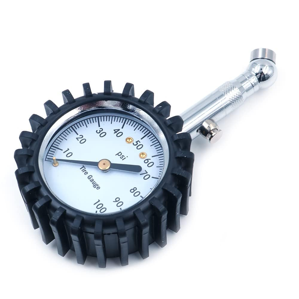 Tyre Pressur Gauge 2" Dial 360 Degree Rotation Heavy Duty Car & Motorbike with Chucks -100 PSI, Compact Size Light Weight Discharge Valve Silver Colour image number 3