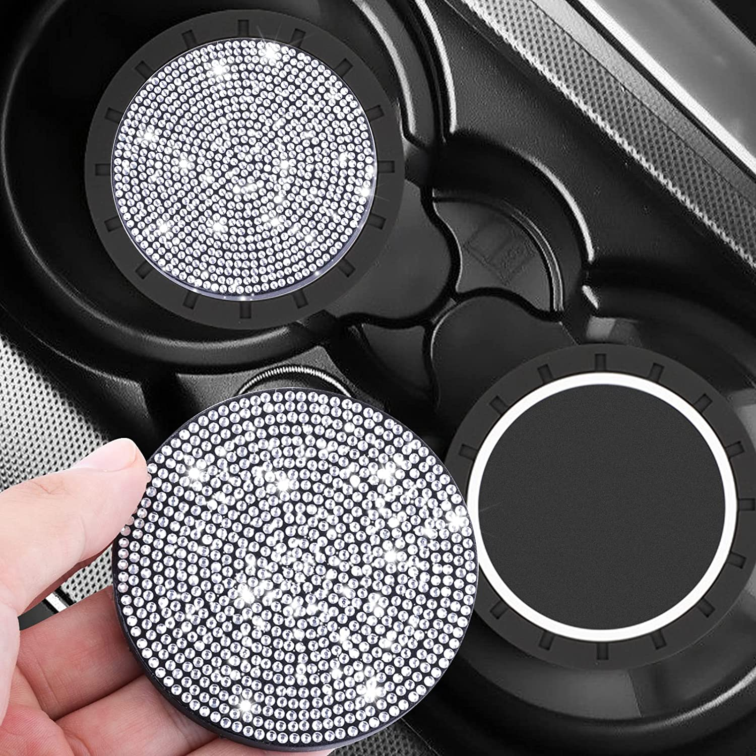 SAVITA 2Pcs 7Cm/ 2.75Inch Bling Car Coasters, Cup Holder Coasters Glitter Car Coaster Cup Mats Crystal Accessories for Ladies and Girls image number 3