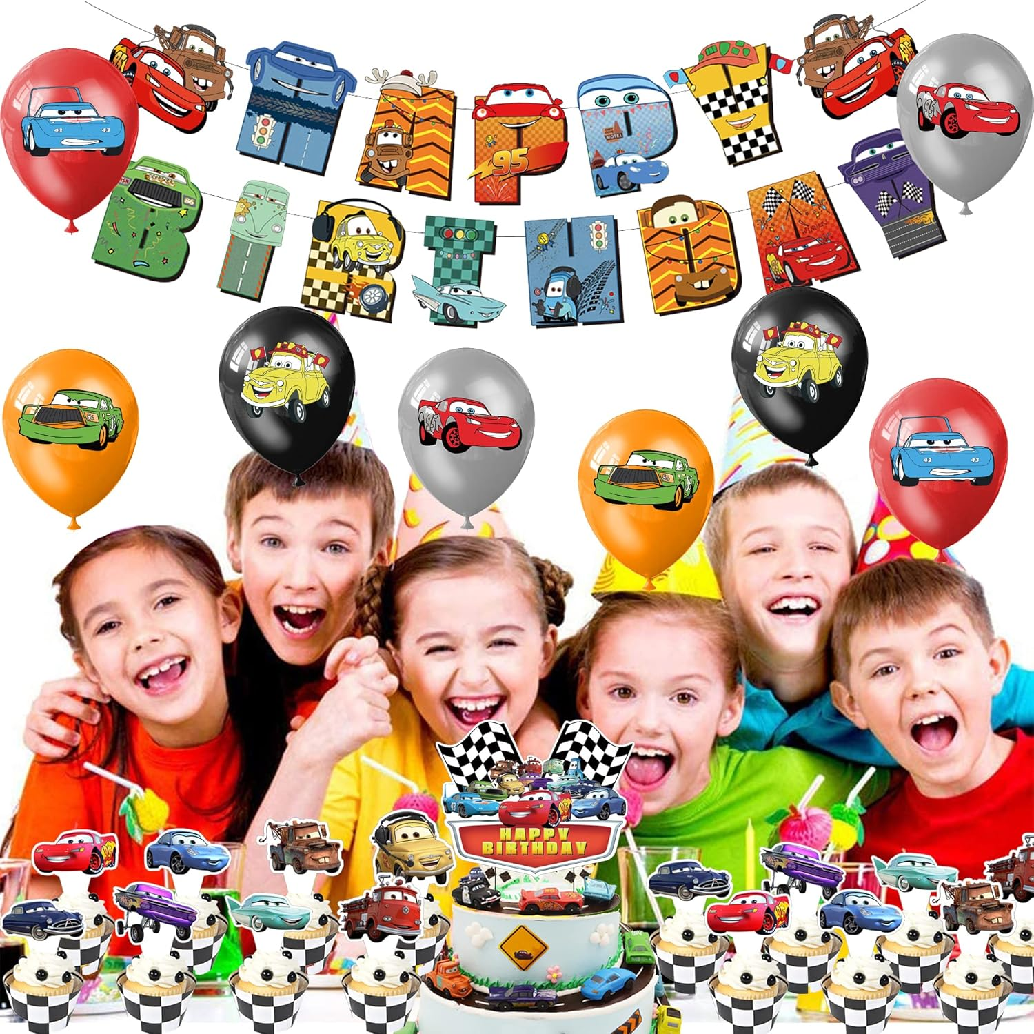 Birthday Decoration Race Car Balloons Racing Car Happy Birthday Banner Lightning Mcqueen Birthday Party Decorations Cars Birthday Balloons Decorations Mcqueen Car Cake Topper Race Car Party Supplies image number 1