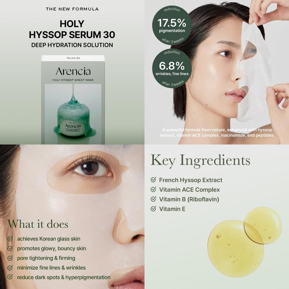 Holy Hyssop Glow Sheet Masks (5Pcs) & Serum 30 (50G) Set - Glass Skin Duo, Vitamin ACE Complex, All Skin Types, Brightening and Anti-Aging, Face Care, Green Musk, French Hyssop, Gel-Cream. Korean Beauty Skin Care Promotion Set for Arencia image number 1
