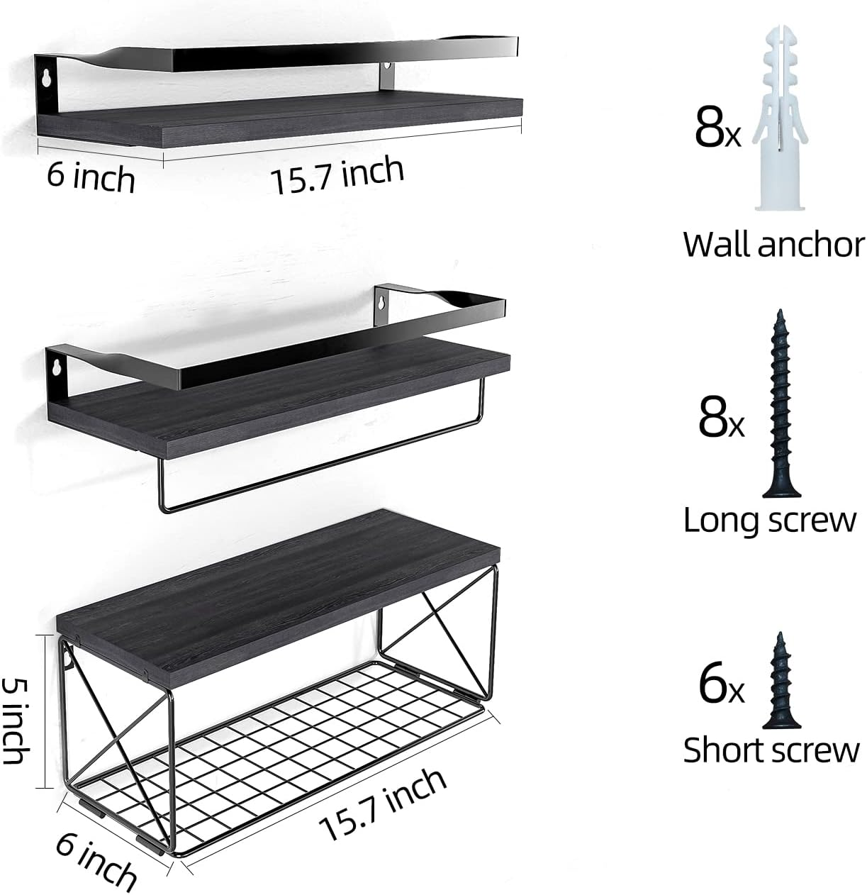 Floating Shelves with Wire Storage Basket, Rustic Bathroom Shelves over Toilet with Towel Bar, Wall Shelves for Bedroom, Living Room, Kitchen and Washroom Toilet Paper (3-Black) image number 2