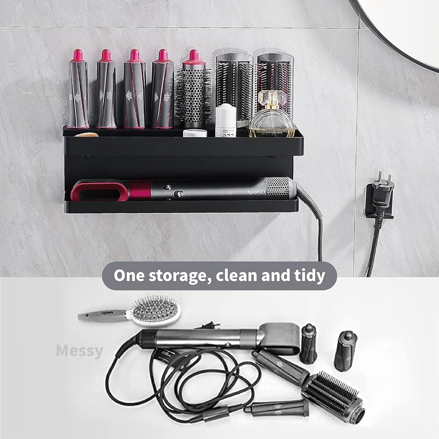 Wall Mounted Storage Holder for Dy Son SS304, Airwrap Curling Iron Accessories Wall Mounted Rack Bracket Stand for Dy Son SS304, for Bathroom Attachments Hair Dryer Organizer, 2 Layers (Black)