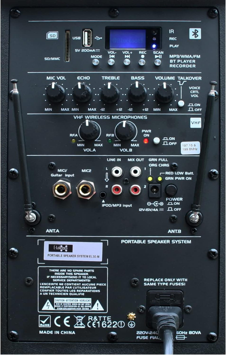 E-Lektron EL30-M 12 Inch Mobile PA Sound System Bluetooth Battery Recoding MP3 USB SD Incl. 2 Wireless Microphones 700W Karaoke Sound System with Stand