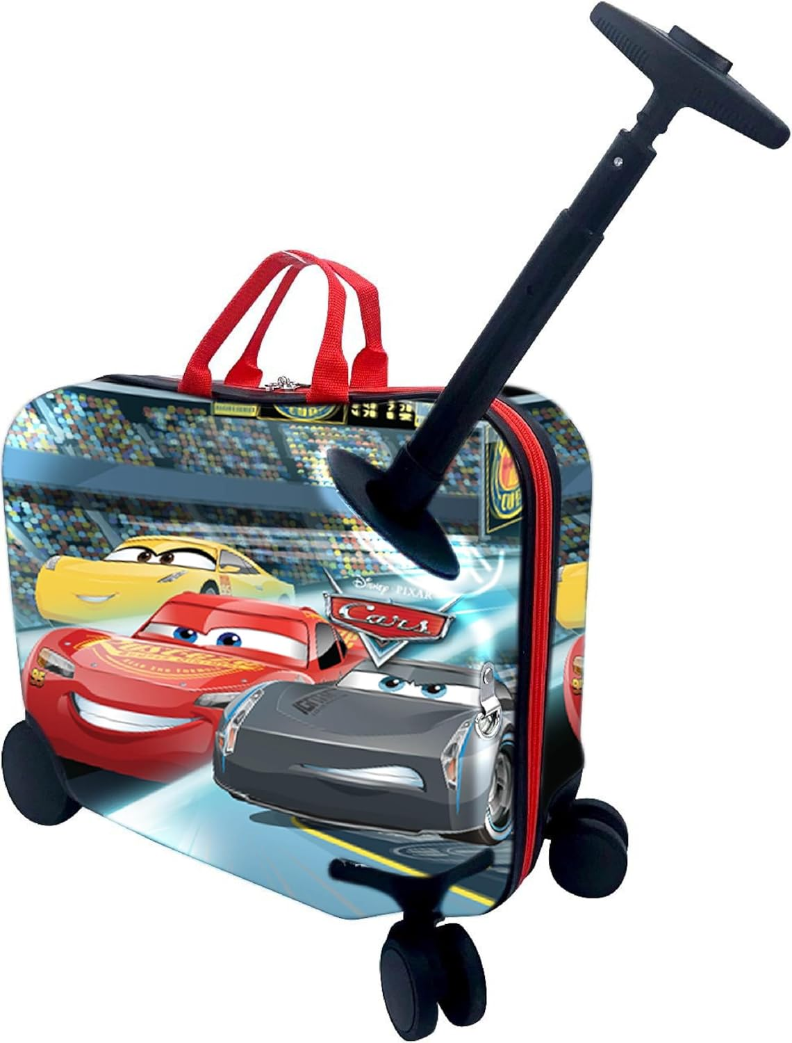 Fast Forward Ride-On 18" Suitcase for Kids/Towing Toddler Carry-On Luggage with Wheels, Multicoloured, L, Cars image number 3