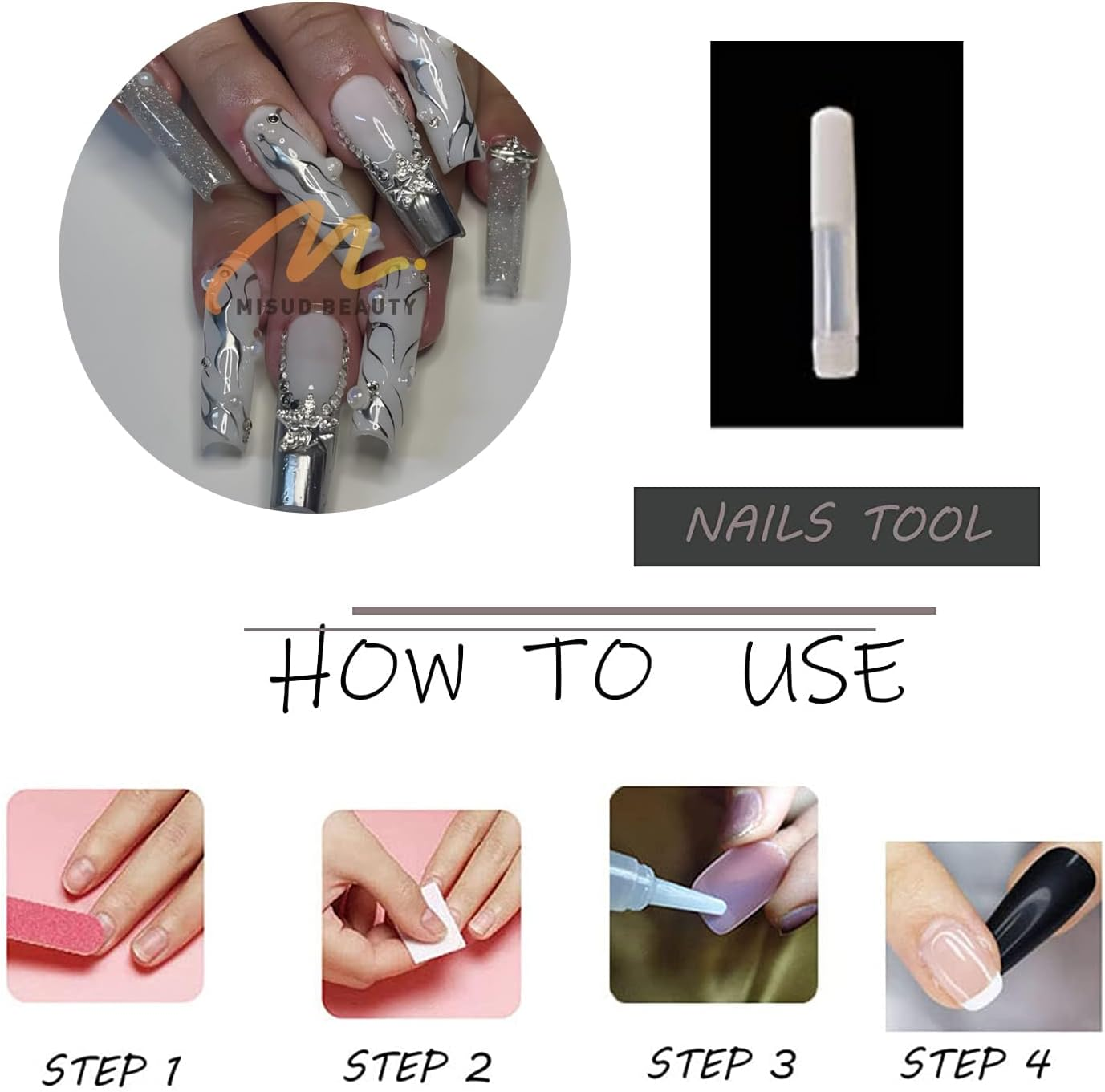 MISUD Press on Nails Long Square Fake Nails Glossy Glue on Nails Silver Chrome Swirl Acrylic Nails Squoval French Tip Artificial Nails Rhinestone Stick on False Nails with Dis