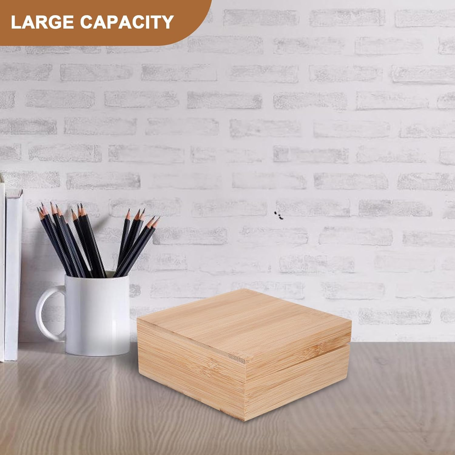 Alipis Square Bamboo Wooden Desktop Storage Box with Lid, Sundries Organizer Case for Home Office, Natural Wood Storage Container for Small Items image number 4