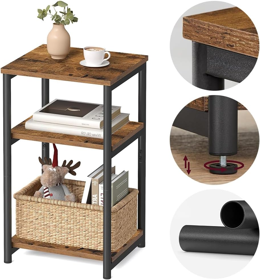 Small Side Table, 3 Tier Storage Shelves Couch End Tables for Living Room, Bedroom Office and Bathroom, Nightstand, Rustic Brown