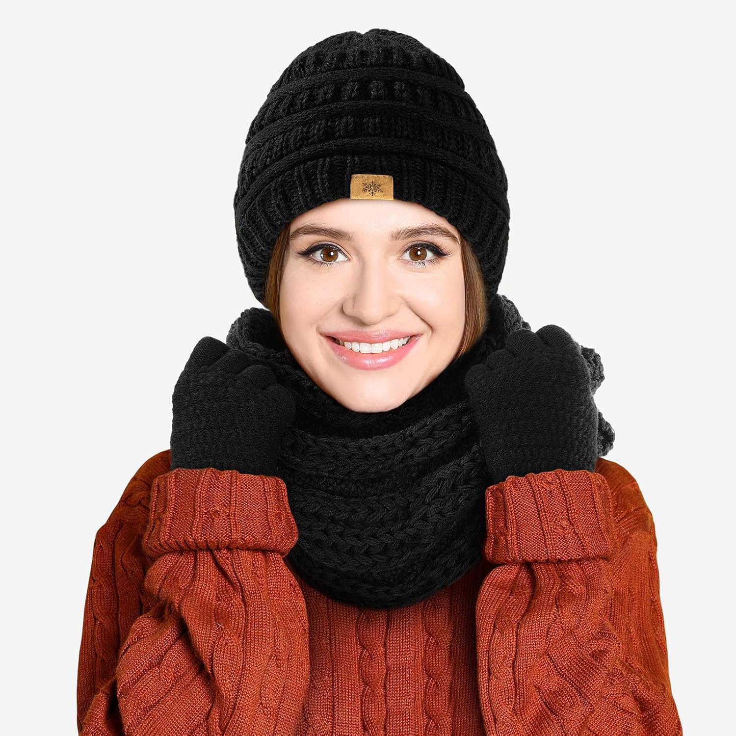 Winter Beanie Hat Scarf Gloves Set, Warm Knit Winter Hats Touchscreen Gloves Thick Neck Warmer Winter Scarf for Women - Black image number 3