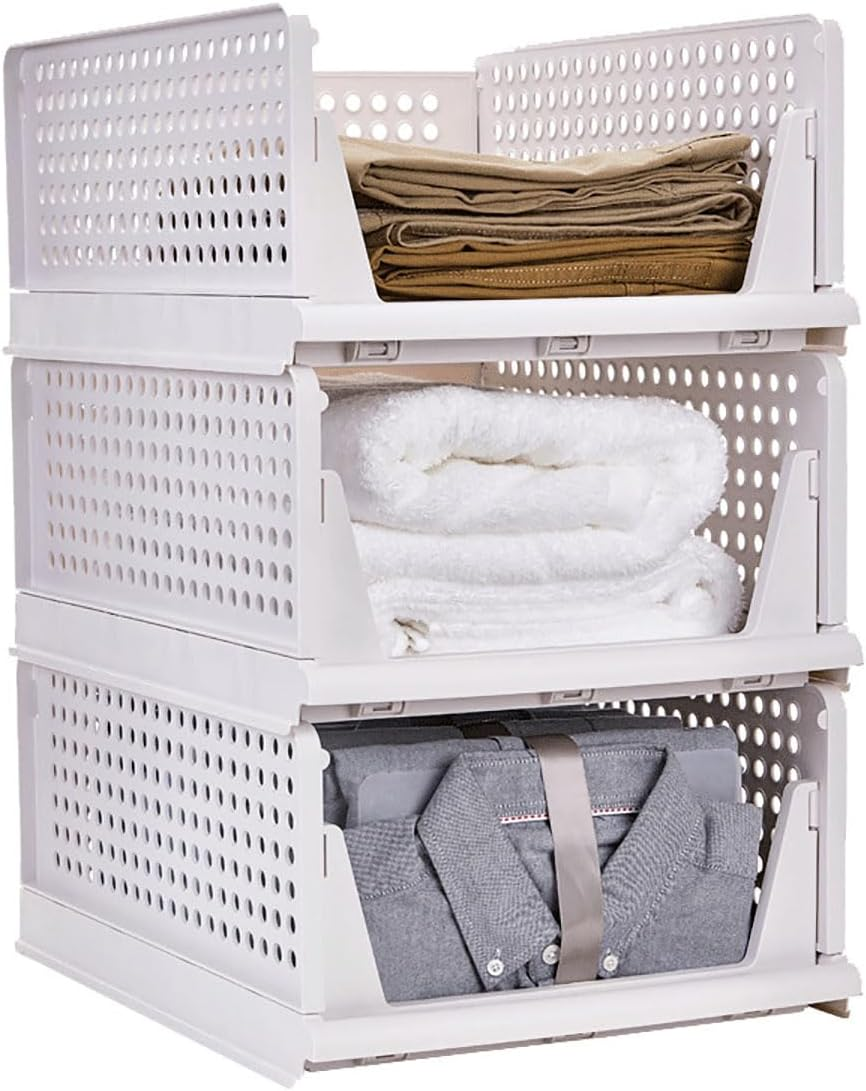 3 Pack Stackable Clothes Storage Folding Wardrobe Storage Box Basket Organizer Bins Sliding Cabinet Drawer Shelf for Wardrobe Cupboard Kitchen Bathroom Office (White) image number 3
