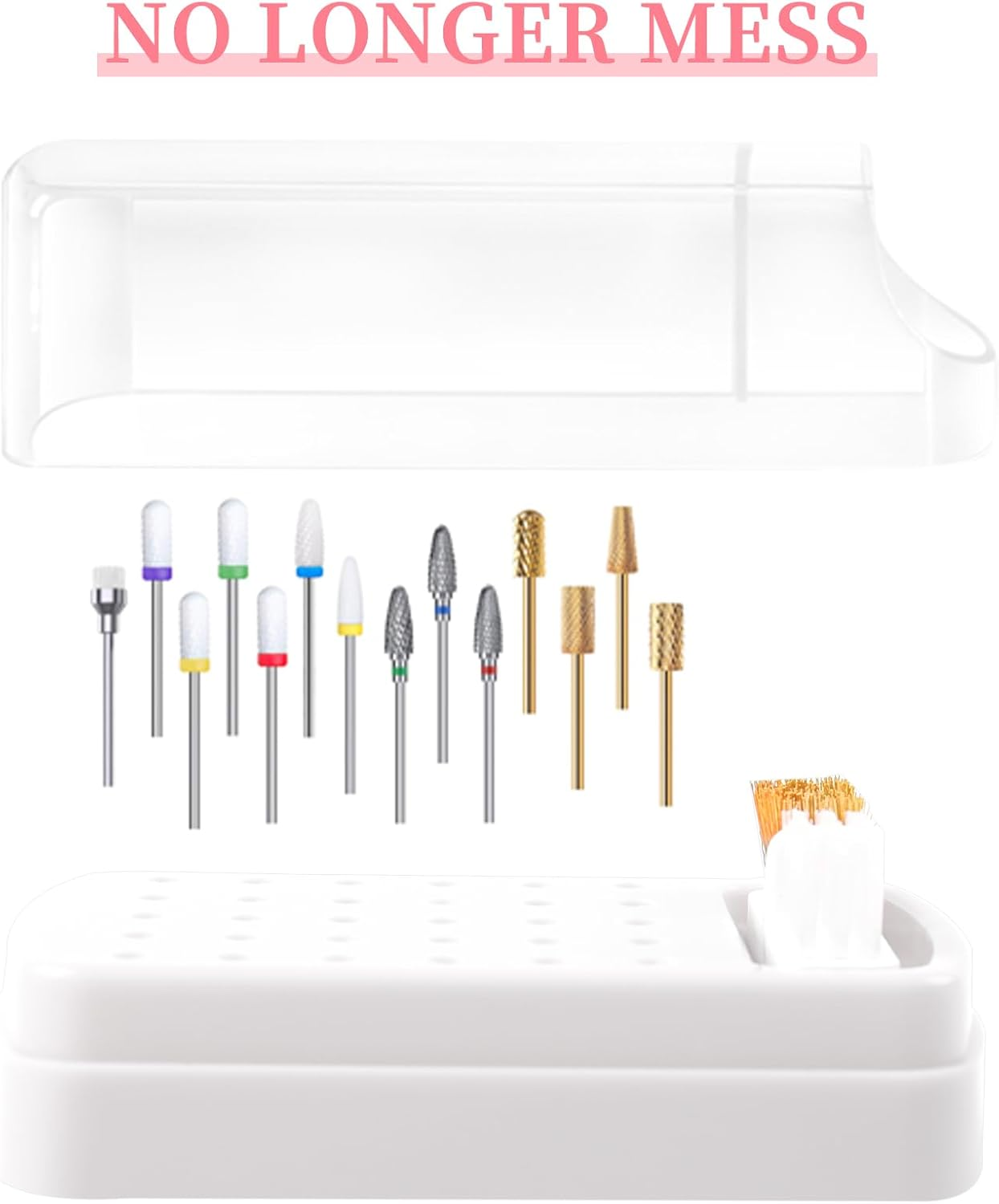 2 in 1 Nail Drill Bits Holder & Nail Drill Bits Cleaning Brush Case,30 Holes Dustproof Nail Art Drill Bits Stand Display Storage Box and Nail Drill Bits Cleaner Manicure Tools (White) - White image number 5