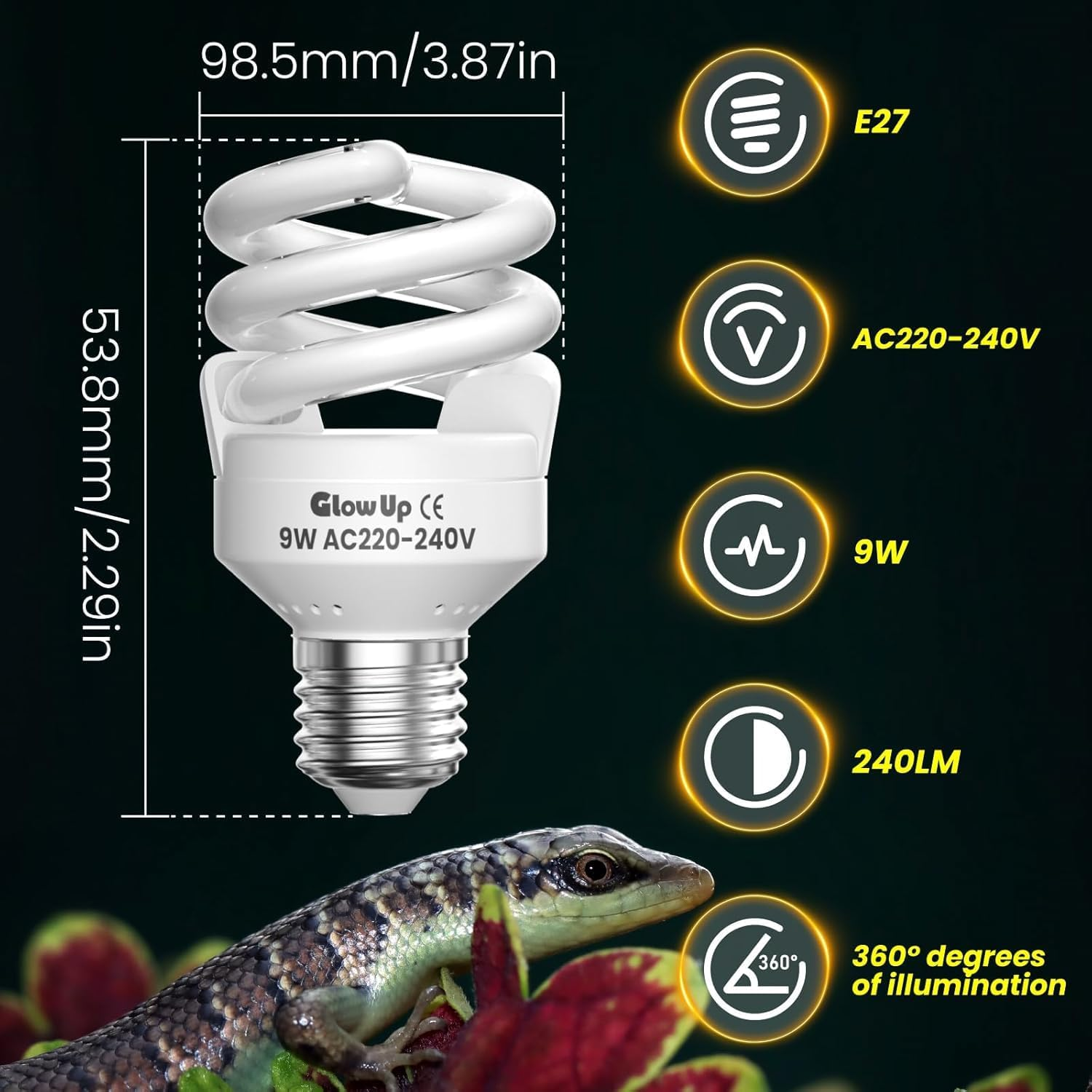 Glowup 9W UVB 10.0 Reptile Light E27 10.0 Uvb Bulb AC220-240V Uva Uvb Bulb Tortoise Beam Angle 360&deg;Fluorescent Lamp for Aquarium, Glass Container, Feeder, Turtle, Snake, Lizard, Etc image number 4