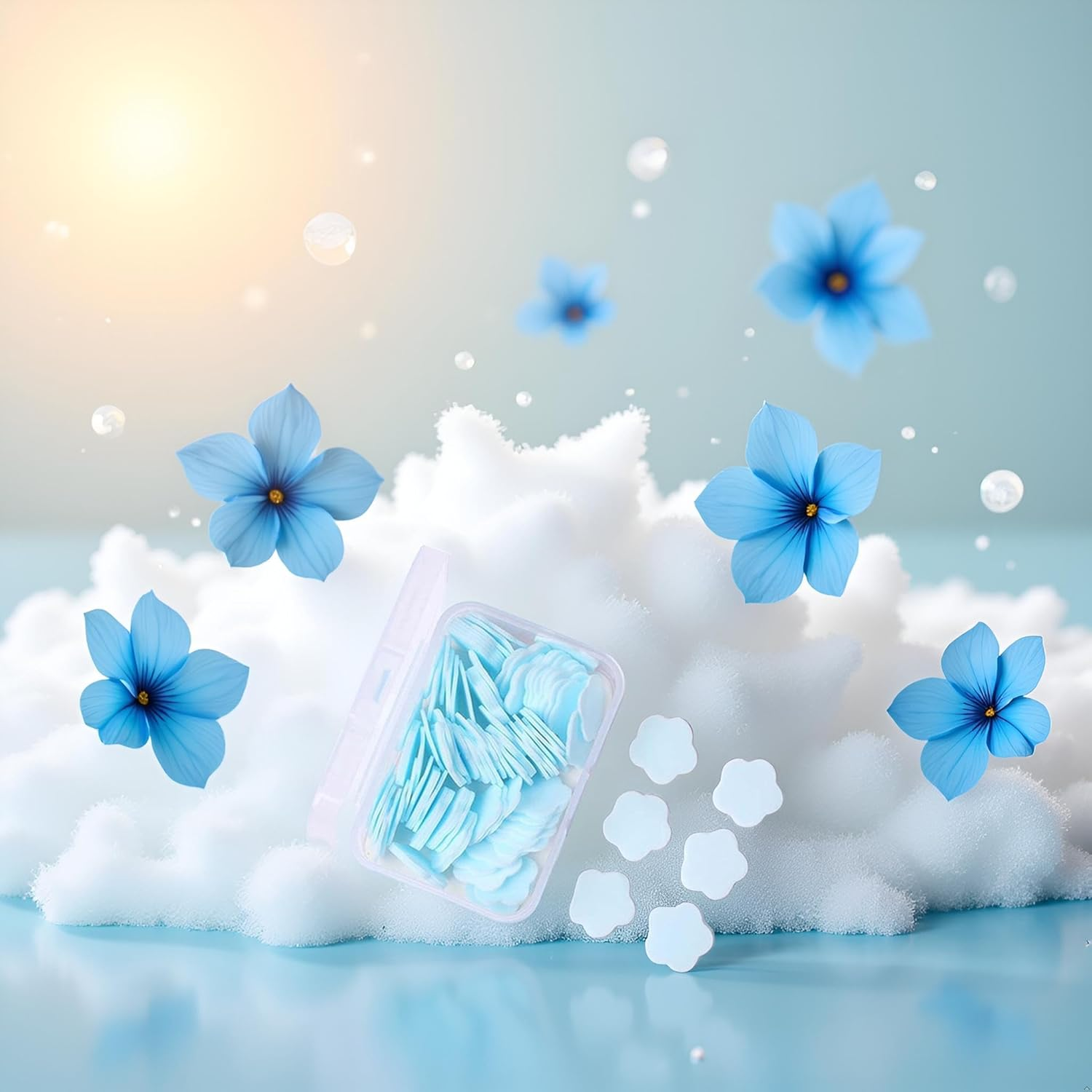 100Pcs Blue Mini Portable Travel Soap Paper Sheets,Flower Shape Disposable Paper Soap Flakes, Cleaning Washing Hand Toiletry Sheets Foot and Hand Care image number 1
