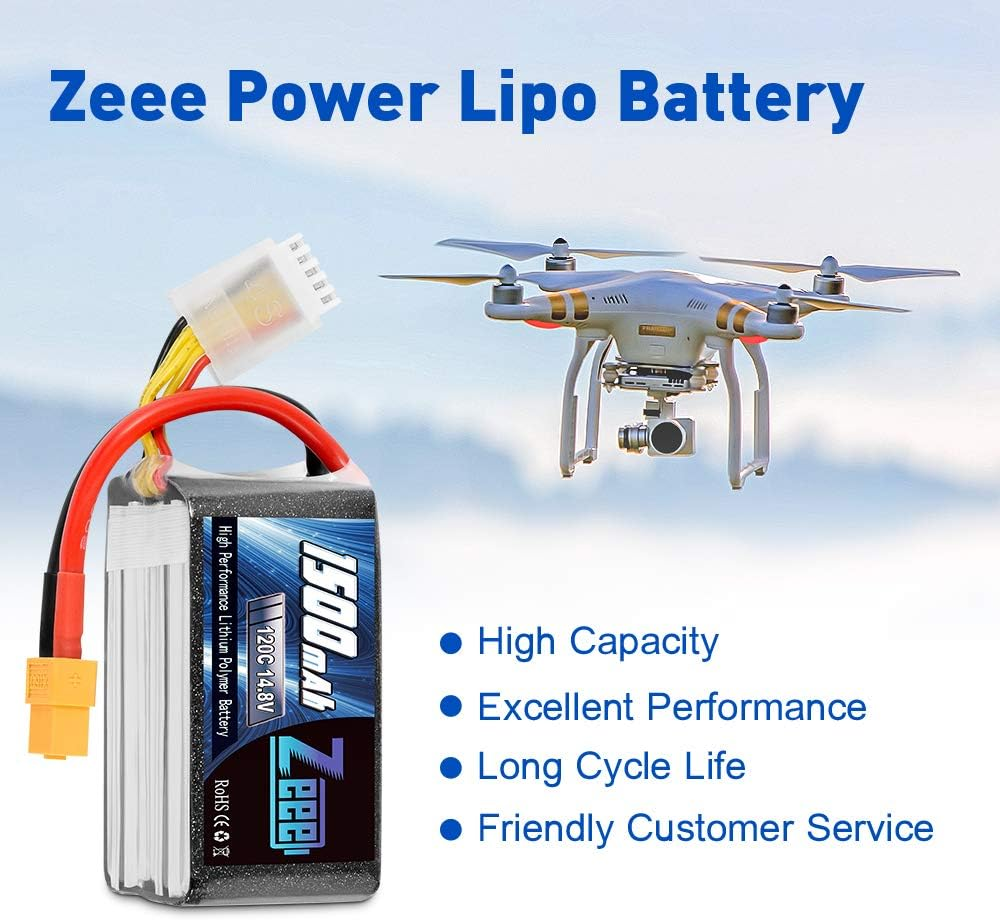 Zeee 4S Lipo Battery 1500Mah 14.8V 120C RC Battery with XT60 Plug for FPV Drone Quadcopter Helicopter Airplane RC Boat RC Car RC Models (2 Pack) image number 2