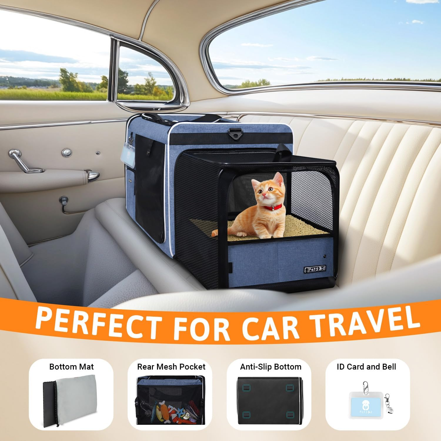 Petskd Side Expandable Extra Large Cat Carrier with Litter Box Area for Long Distance Car Travel,24"X17"X17" Collapsible Soft-Sided Large Pet Carrier with Zipper Locks for 2 Cats under 55Lbs(Blue) - Blue image number 4