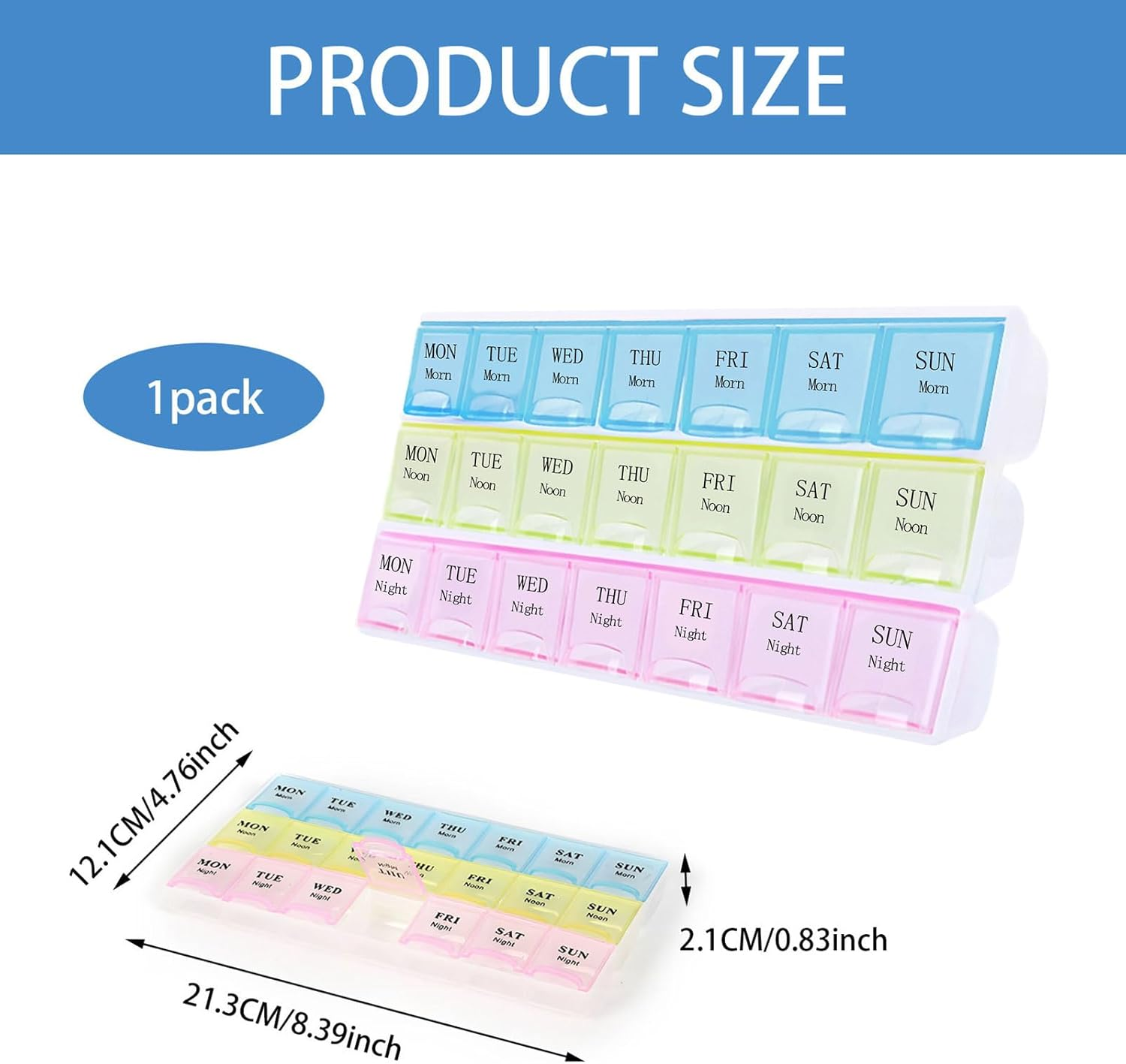 Pill Organiser, 3-Color 21-Grid Moisture-Proof Weekly Pill Organiser for Morning, Noon and Evening, Portable Medicine Reminder Medicine Organiser, for Pills Vitamins Fish Oil Supplement image number 5
