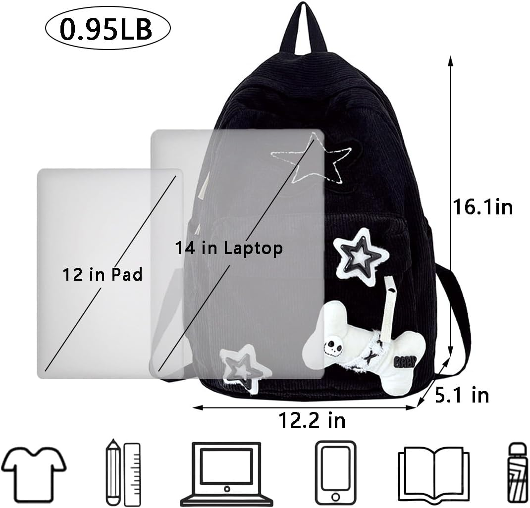 YWOIHL Y2K Star Backpack Kawaii Corduroy Aesthetic Bag Teen Girls Cute Daypack Japanese Fluffy Bookbag - White image number 2