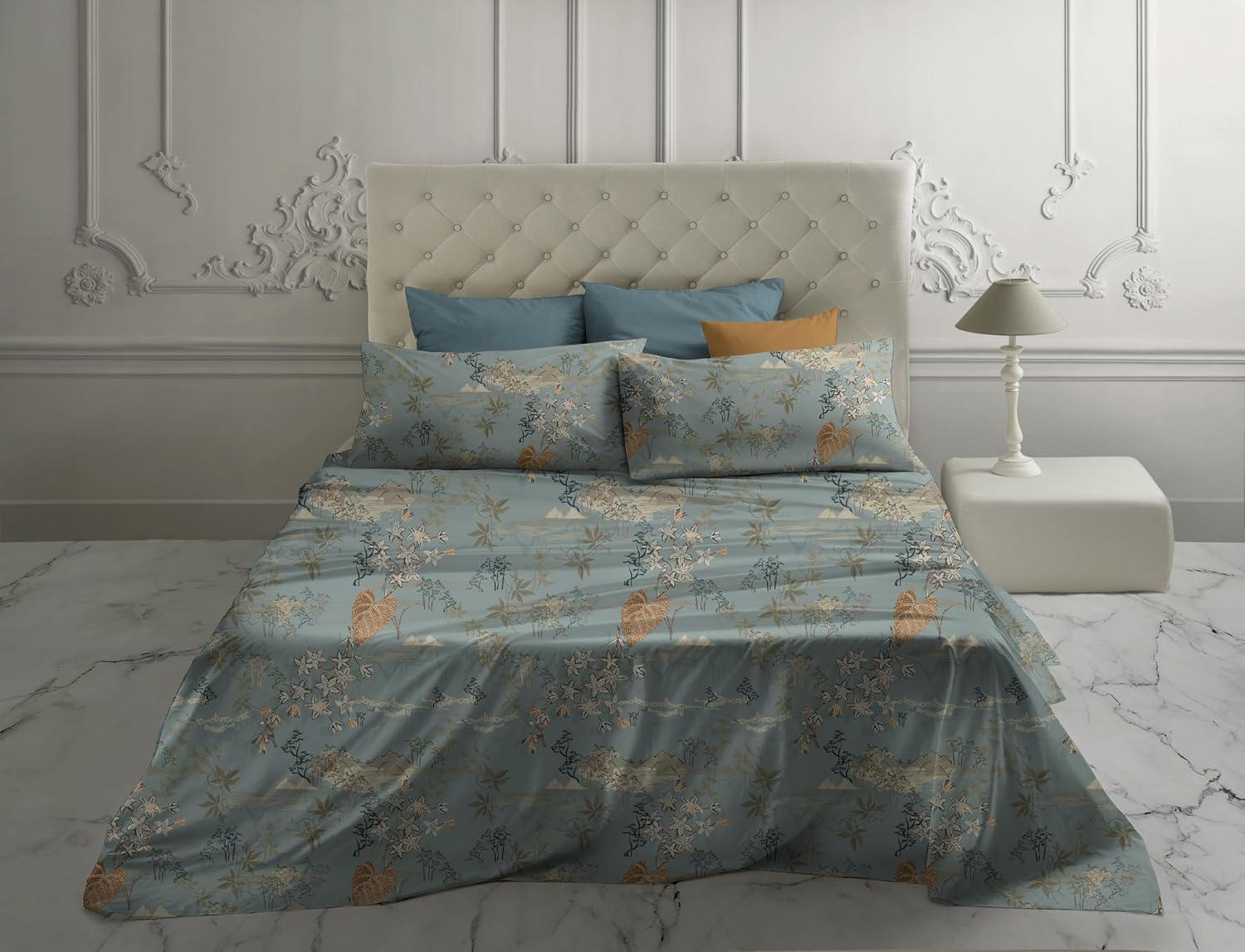 Hermet Laura Biagiotti Double Bed Linen Set, Cotton Patterned Bed Set, 100% Cotton, Top Sheet + Fitted Sheet + Pair of Pillowcases, Teia Cloud image number 6