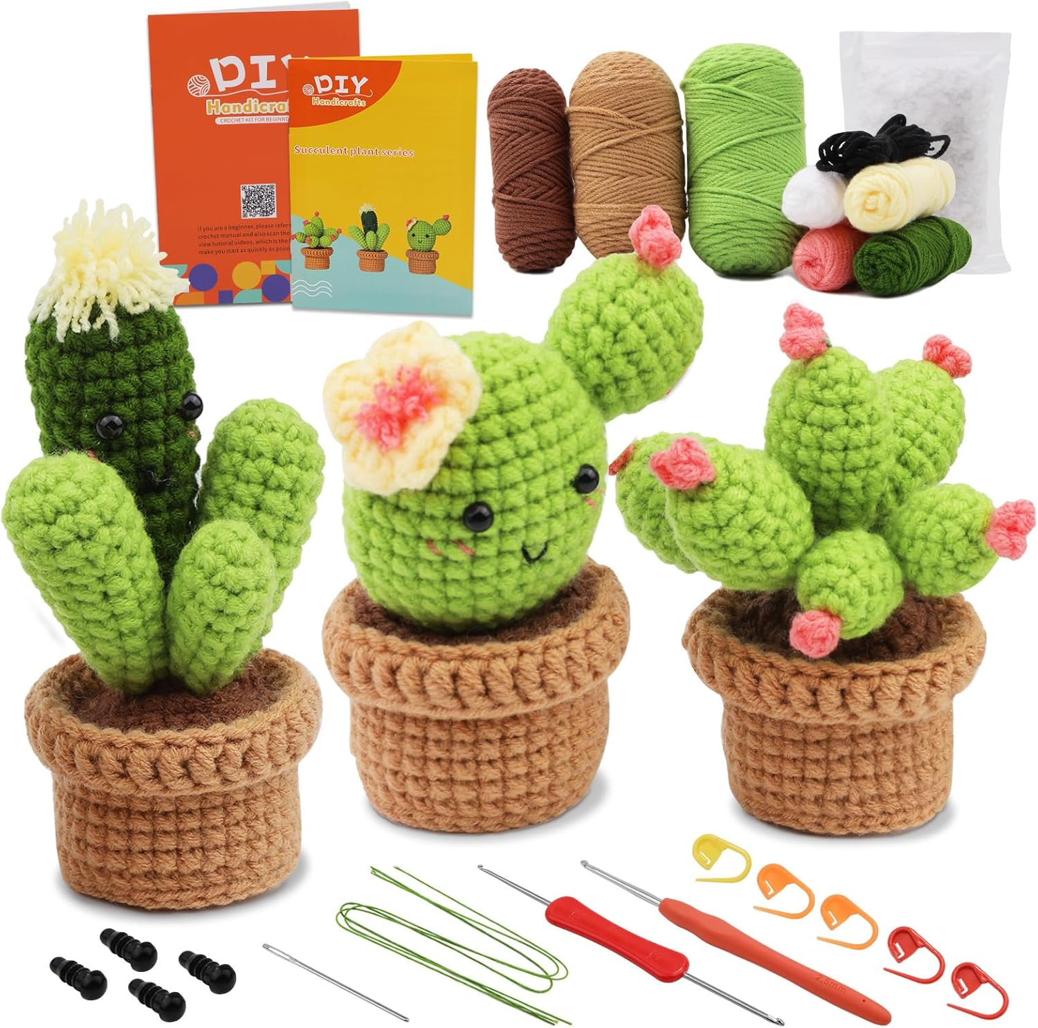 3 Pcs Crochet Kit for Beginners, Complete Crochet Kit for Beginners Adults, with Video Tutorials, Detailed Instructions, Yarn, Crochet Hooks, Stitch Markers, Floral Wire, Polyester Fiber image number 2