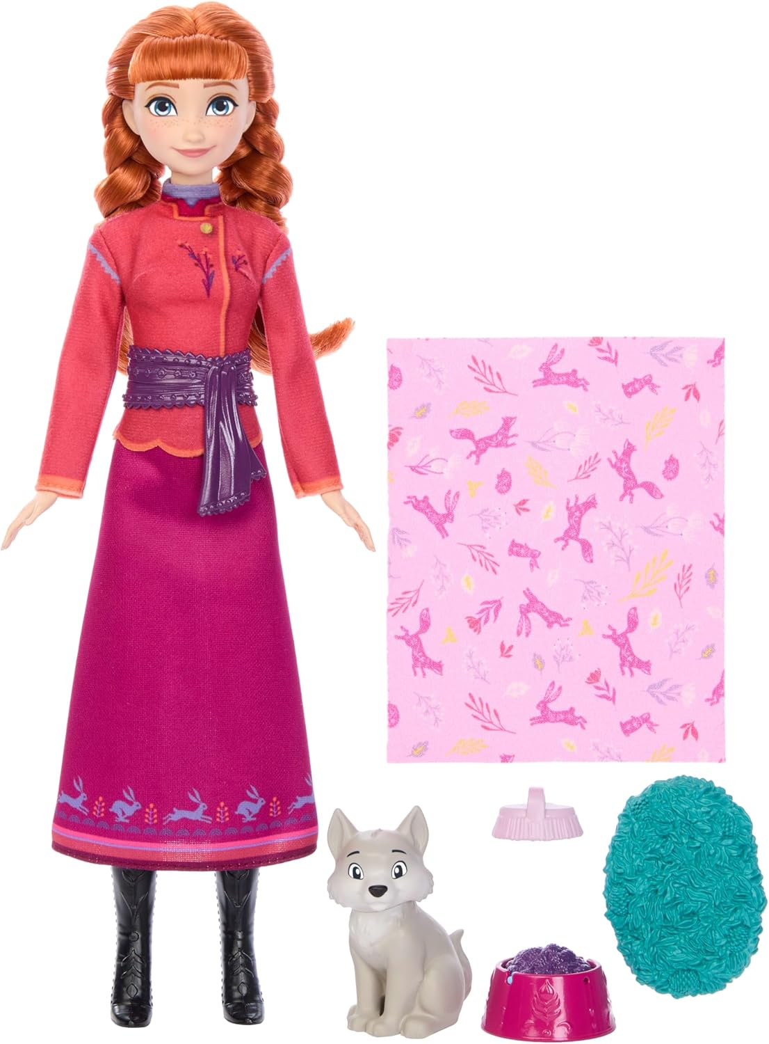 Disney Princess Frozen Anna Fashion Doll & Wolf Cub Figure with 4 Accessories Including Animal Bed & Blanket, Inspired by Animals of Arendelle