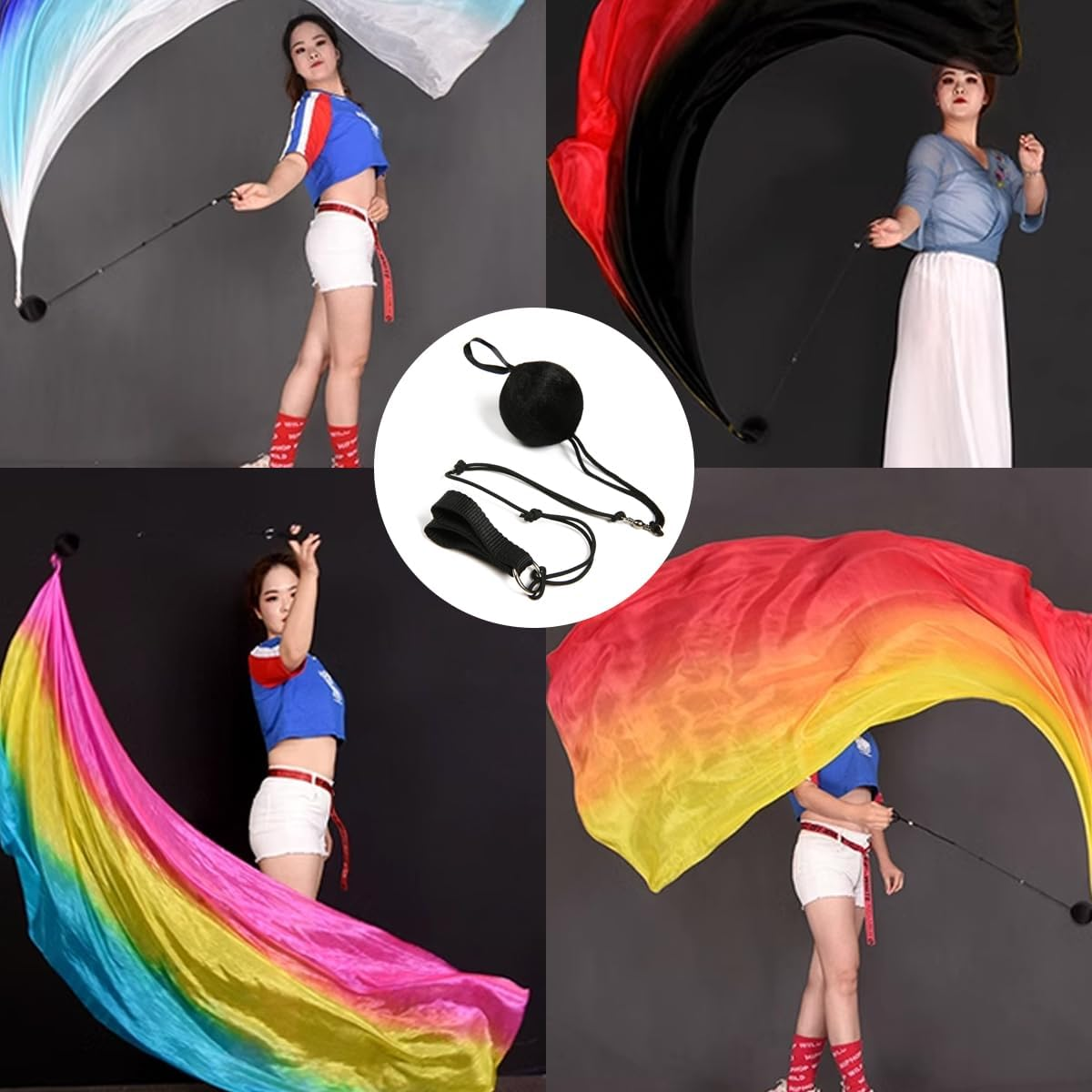 AIMALL 2-Pack Dance Silk Veil Poi Flags, Colorful Silk Belly Dance Scarves with Poi Balls for Dance Sports ，Black image number 1