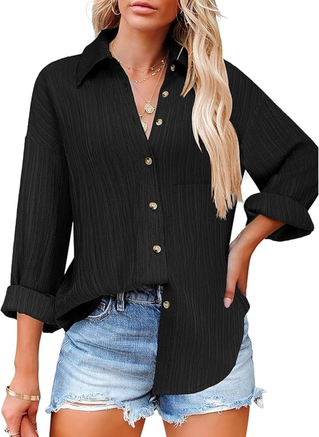 Womens'S Long Sleeve Work Blouses Tops with Pocket Button down Shirts Dress V Neck Casual Solid Long Sleeve