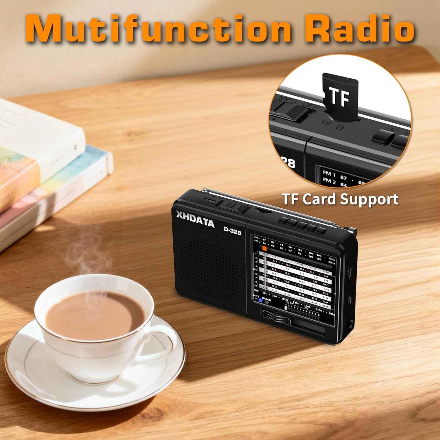 XHDATA D-328 Shortwave AM FM DSP Portable Small Multi Band Radio Stereo MP3 Player with Rechargeable Battery Earphone Jack Portable Multimedia Speaker with USB Micro SD Card Jack (Black) image number 2
