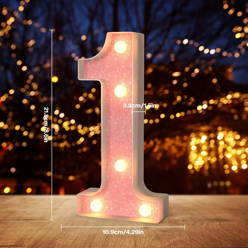 Light up Number,Pink Glitter Number 1 Sign, Night Lights, 21.8Cm LED Lighted Digit for Birthday Parties, Weddings, and Celebration Decor (1 Pack)