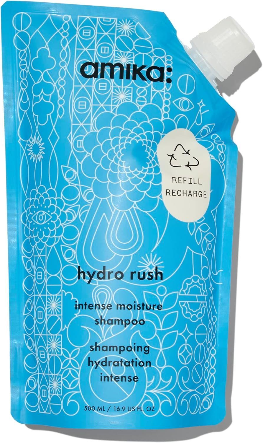 Amika Hydro Rush Intense Moisture Shampoo Refill &ndash; Hydrating Solution for Dry, Damaged Hair &ndash; Sulphate-Free Moisturising Shampoo with Hyaluronic Acid + Squalane + Essential Oils &ndash; 500Ml