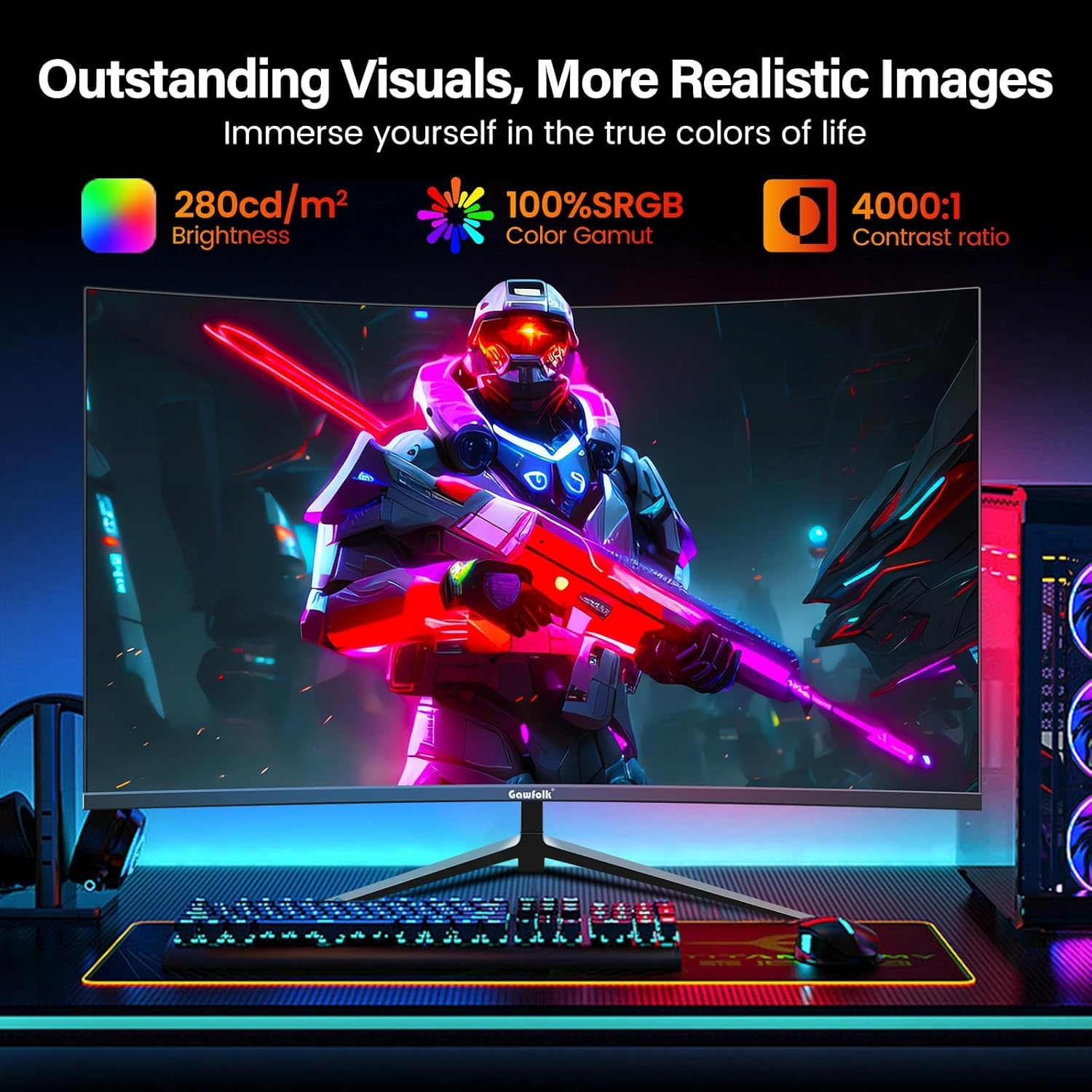 Gawfolk Curved Monitor 27 Inch 100Hz, PC Screen with Speaker 1080P, 1800R Computer Monitor with Eye Care Technology HDMI DP, Supports VESA image number 6