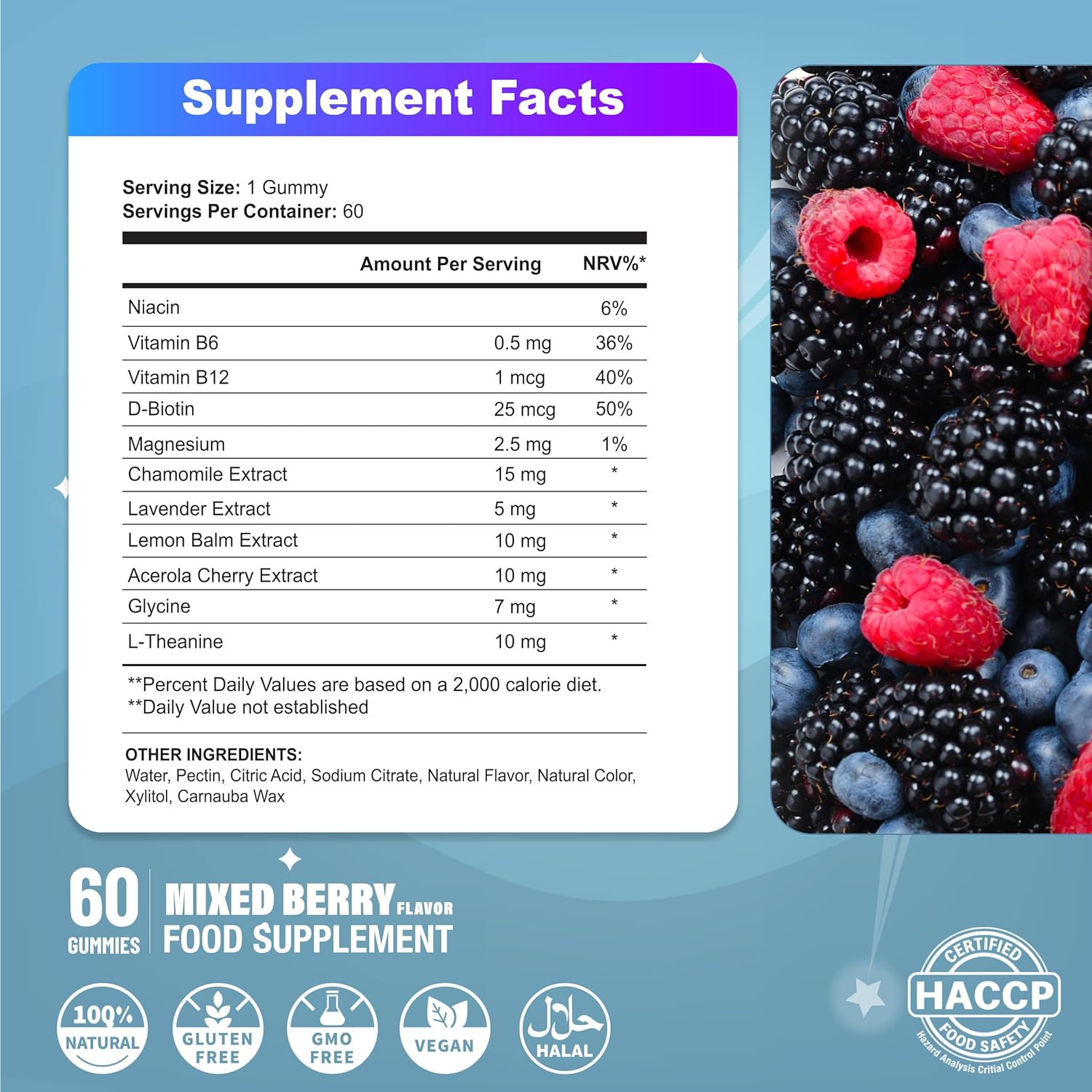 Bed Time Gummies for Kids with Magnesium Lemon Balm Chamomile Extract Glycine Chewable Sleep Supplement |Restful Sleep| |Calm Mood| Vegan 60 Gummies |Berries Flavour| (60 Gummies, Mixed Berry) image number 1