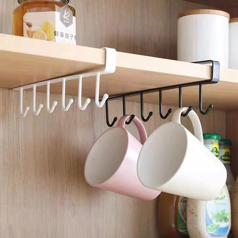 2Pcs Multi-Hooks under the Cabinet 6-Hook Hanging Hook Rack Kitchen Utensil Cupboard Hanger Chest Organizer Cup Holder for Coffee Bar, Fit for 0.8 Inch Thickness Shelf or Less, Nail Free (Black)