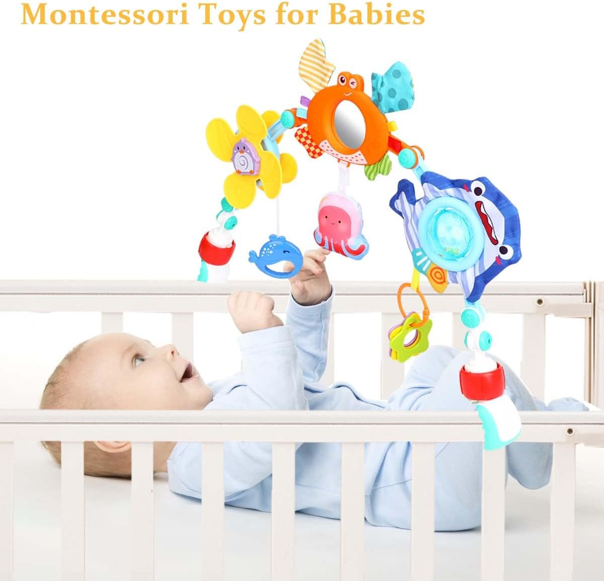 Baby Stroller Arch Toy, Adjustabel Car Seat Toys with Sensory Toy, Activity Arch Travel Montessori Toy for Crib ＆ Bassinet, Early Educational Learning Toy for 0-24 Months Boys and Girls image number 1