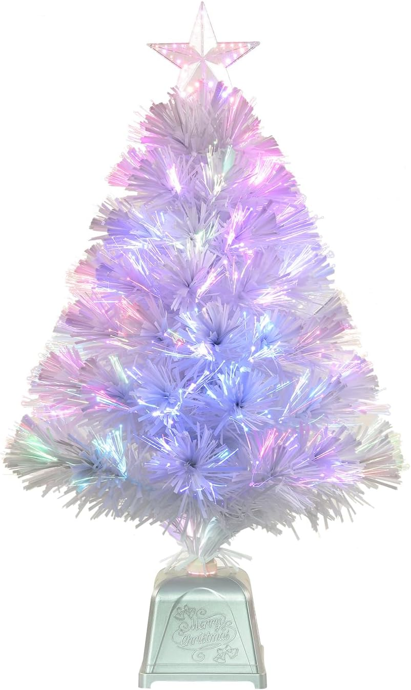 24Inch White Fiber Optic Christmas Tree,Pre-Lit Artificial Mini Christmas Tree, Tabletop Small Xmas Tree with Stars Holiday Home Decorations image number 2