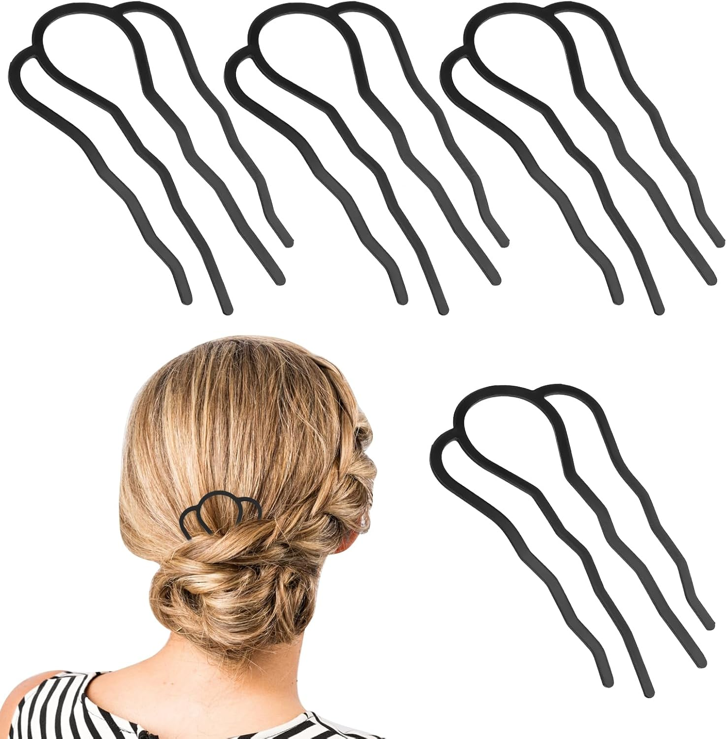 Gjinxi Hair Side Combs Metal Hair Fork Clip 4PCS French Hairpins for Buns Hairs Updo U-Shape 4 Prong Hairs Sticks Styling Tool Accessories Twist Black Headpieces for Women Decoration