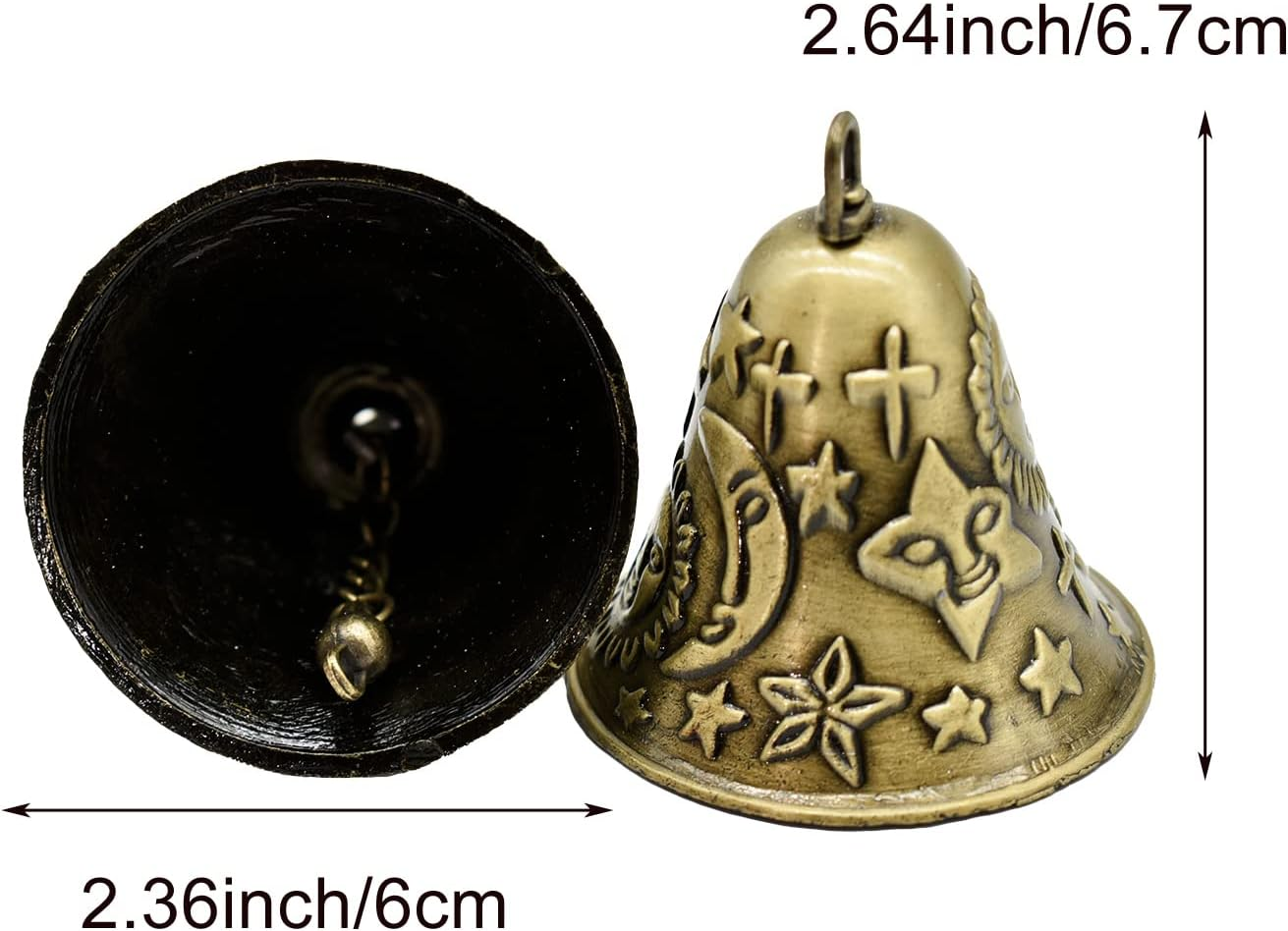 Pinenjoy 2Pcs Feng Shui Bell Carved Sun Star Moon Pattern Vintage Bronze Bell 2.64X2.36Inch Temple Wind Chime for Home Garden Door Good Luck Bless Hanging Decors image number 2