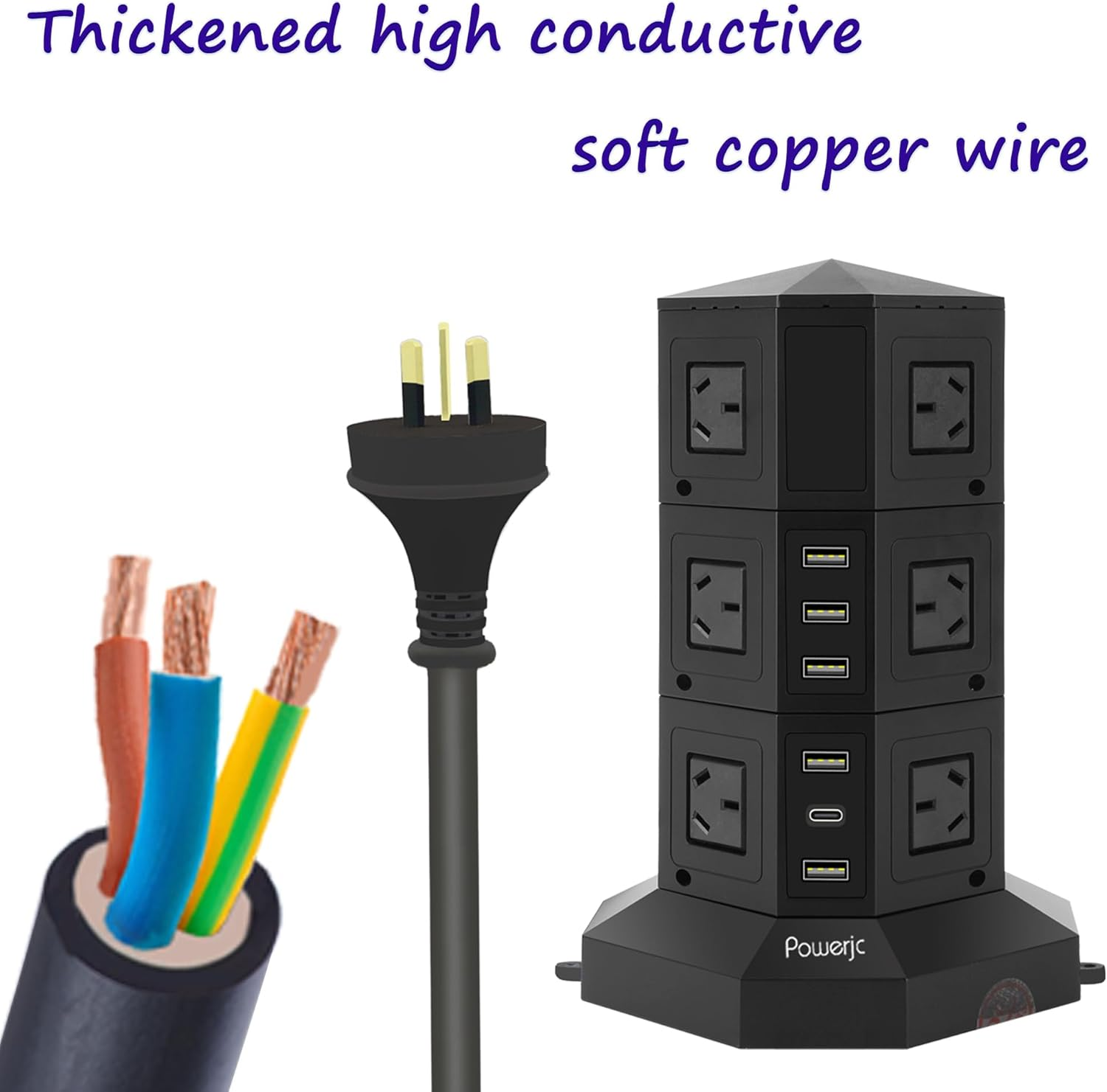 Powerjc Tower Power Strip USB Surge Protector Socket 12 AC Outlets with 5 USB or 1 USB C PD 25W Totals 6A Ports Chargers 3M Long Extension Cord SAA Certified Black image number 6