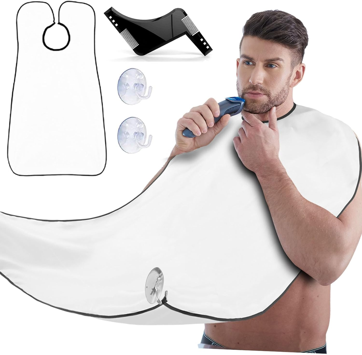 Beard Apron with Suction Cups & Beard Brush Set - Waterproof Beard Bib Apron for Men Shaving Catcher - Beard Hair Catcher for Sink - Black & White image number 2
