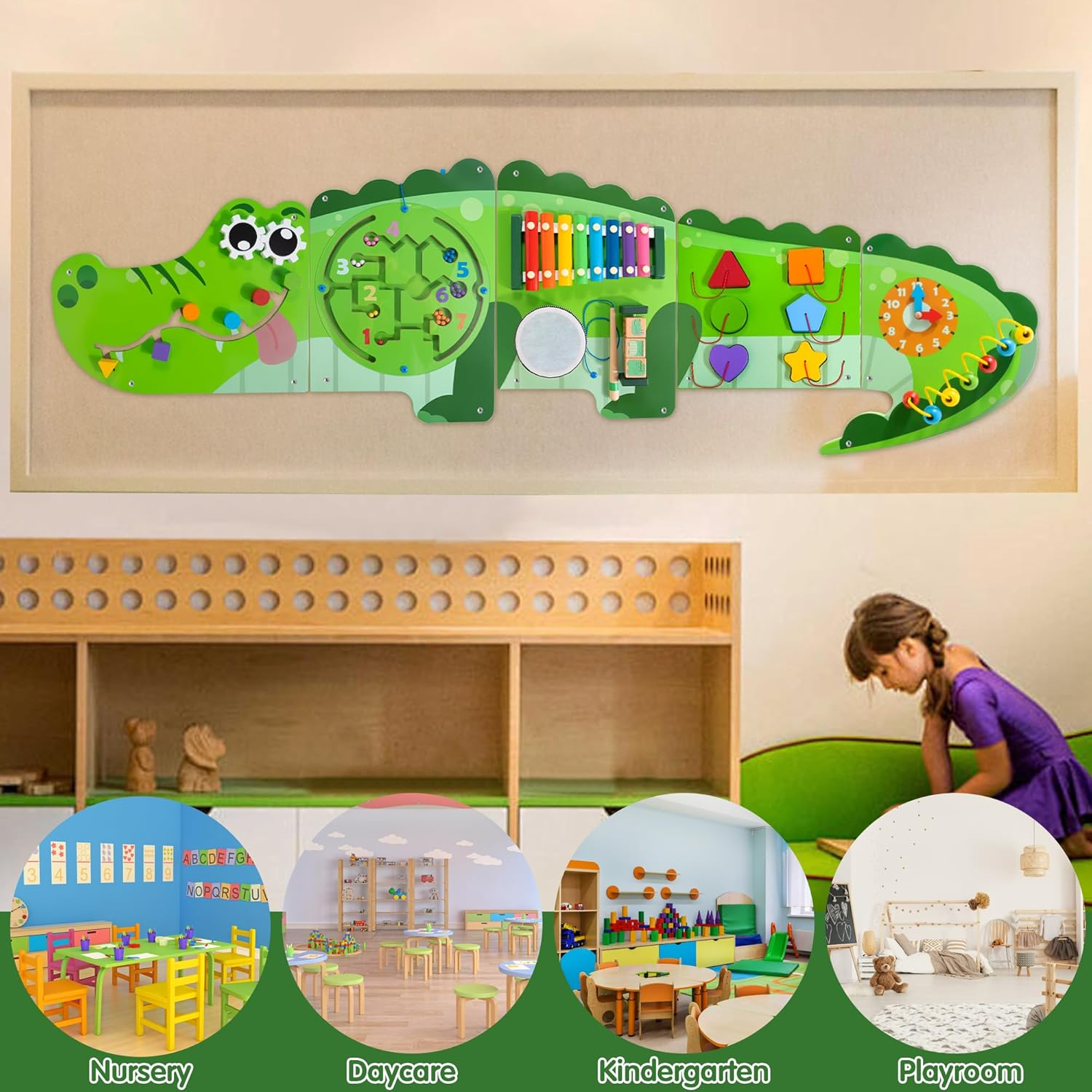 Crocodile Activity Wall Panels, 9-In-1 Crocodile Busy Board Wooden Montessori Educational Sensory Board Playroom Toys Daycare Learning Toy for Girls & Boys image number 4