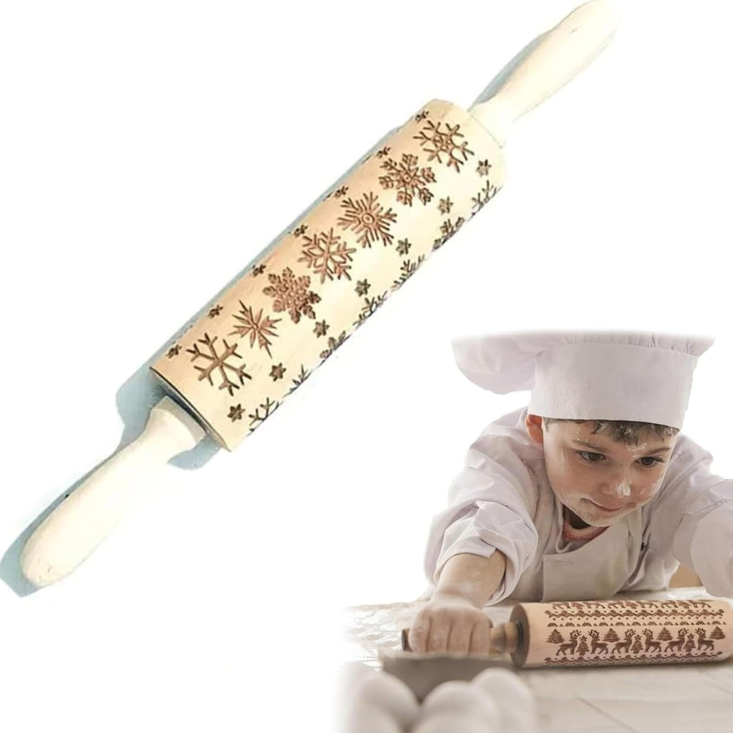 Rolling Pin with Design - Engraved Wooden Christmas Baking Cookie Stamps | Elegant Dough and Clay Roller Kitchen Decor Tools for Bun Pizza Pastries image number 1