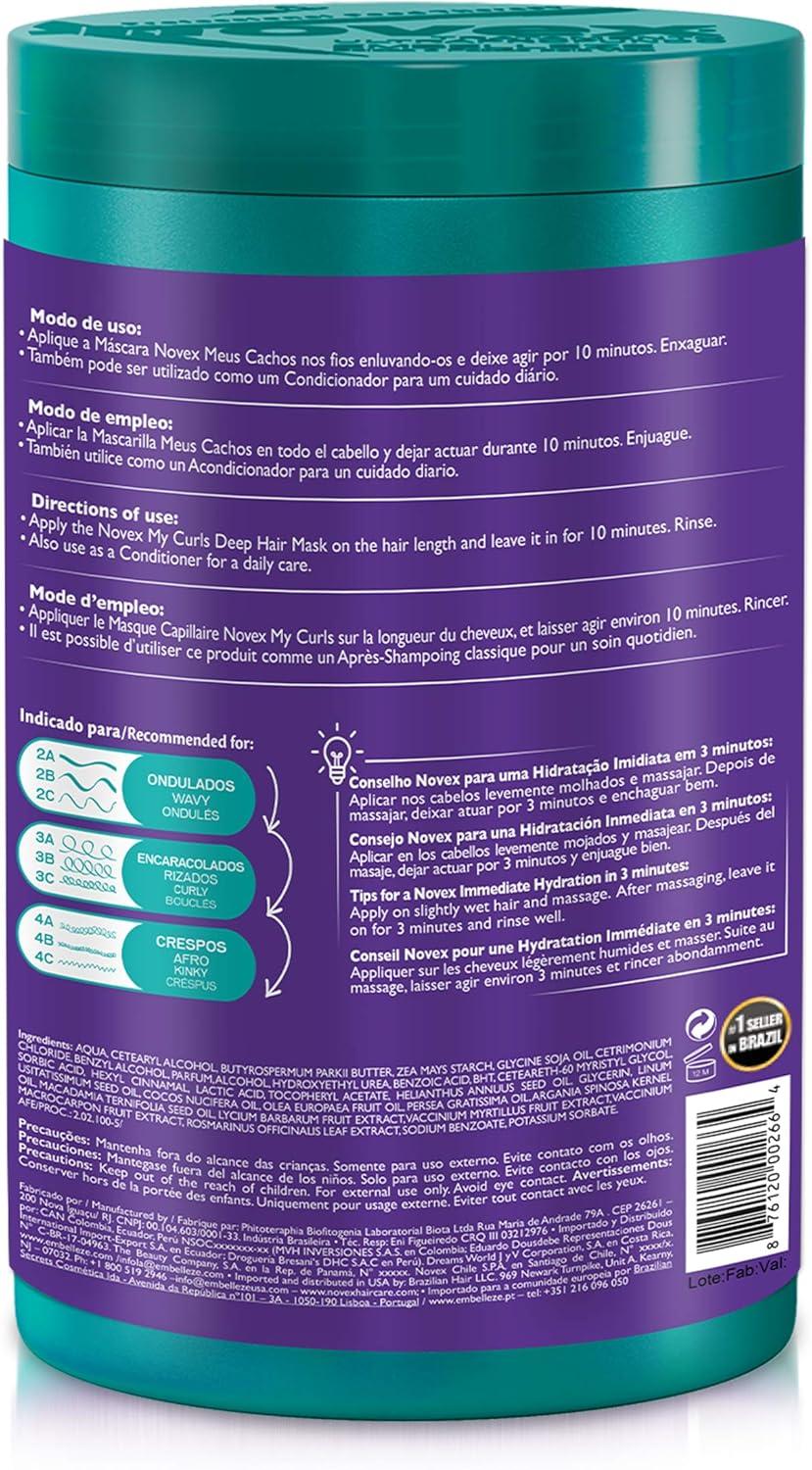 Novex Embelleze My Curls Deep Conditioning Hair Mask Cream (35.2Oz) Moisturizing Treatment Defines Curls, Controls Volume, Reduces Frizz, Adds Softness, for All Curly Hair Types image number 6