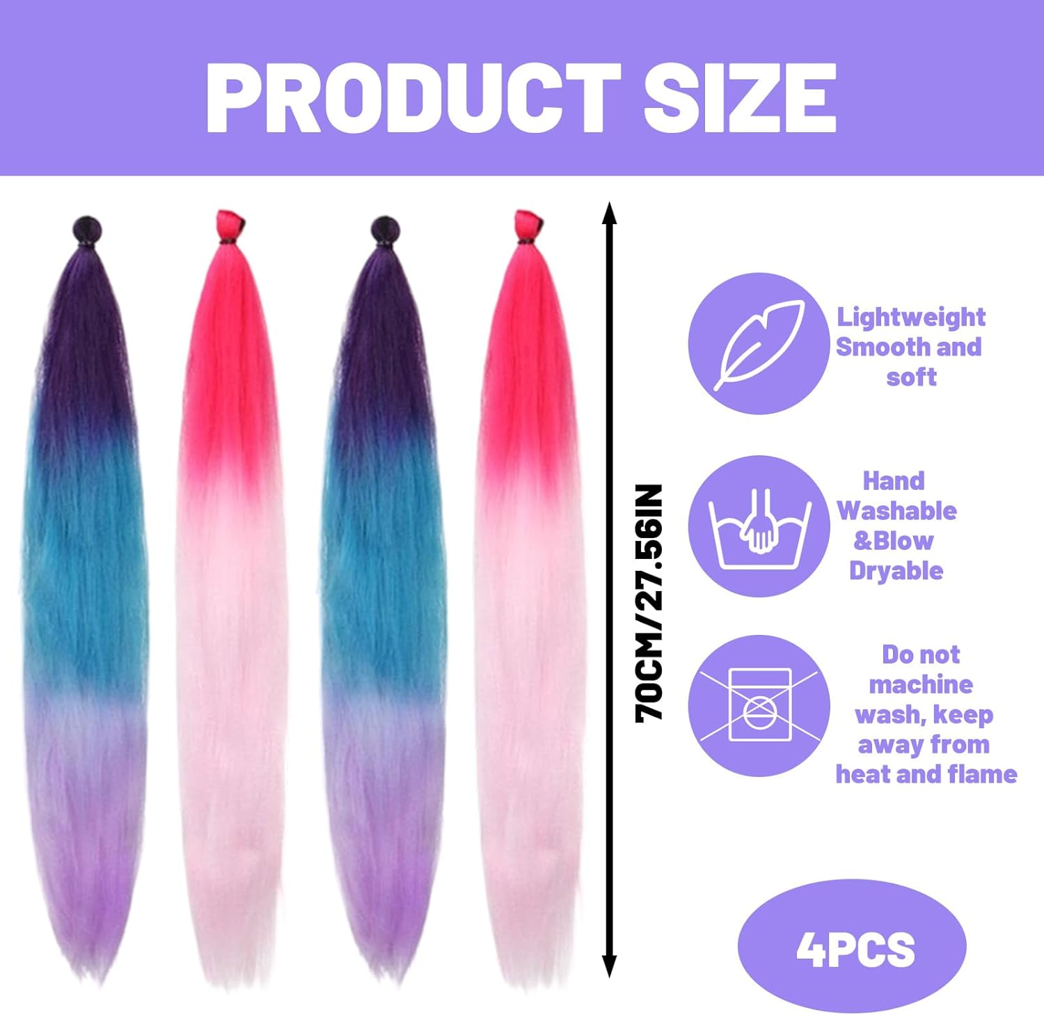 4 X Synthetic Hair for Braiding 70 Cm - Hair Strands for Braiding with Hair Ties, Braided Braid Extensions in Blue/Purple & Pink-Red, High-Quality Braids for Children, Party, Carnival and Holiday image number 3