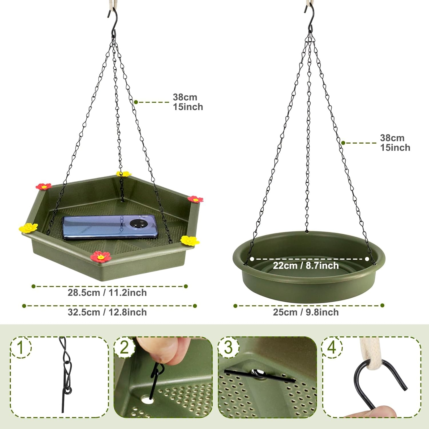 XXL Dual-Function Hanging Bird Bath & Feeder - Outdoor Tray for Garden Birds (Green)​ image number 6