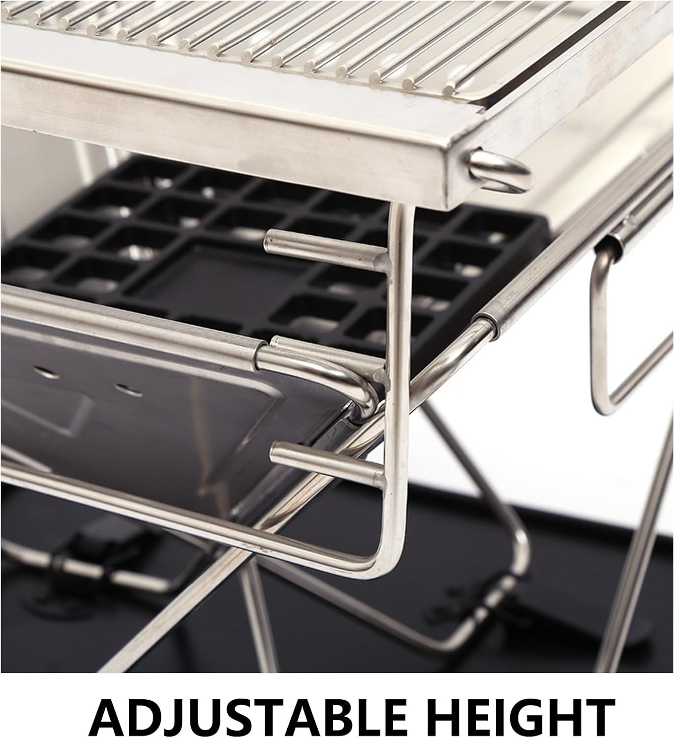 ZOOMTEC Portable Camping Fire Pit, Stainless Steel 304 Folding Firepit 42CM X 42CM with Handle, Height Adjustable & Collapsible BBQ Grill Stove with Carrying Bag & Ash Tray Bracket image number 4