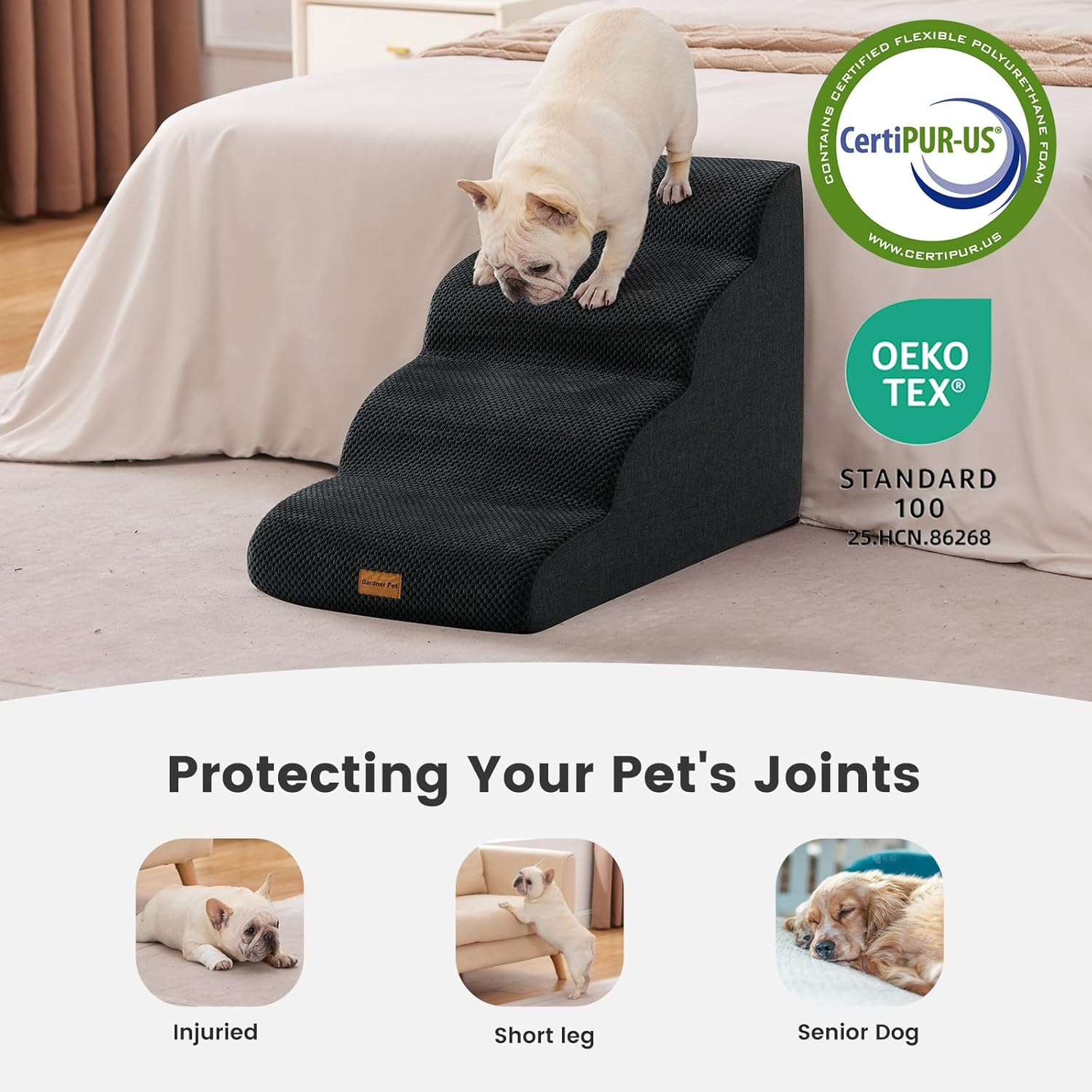 Gardner Pet Dog Stairs for Small Dogs 19.7" H, 4-Step Black Curved Pet Stairs, Dog Steps for High Bed (18-24 In), Couch with Durable Non-Slip Waterproof Fabric Cover and Certipur-Us Certified Foam image number 2